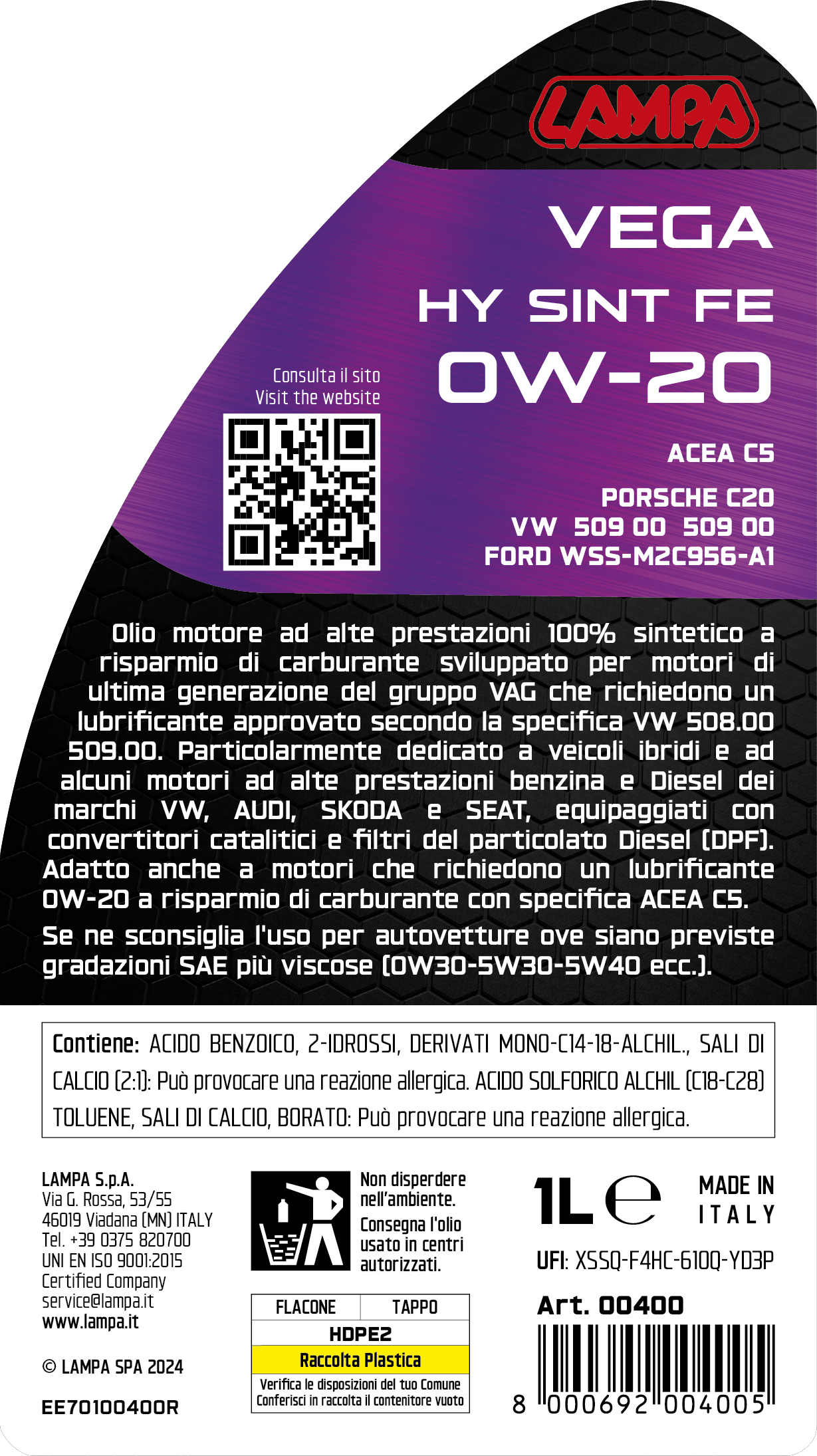 Vega HY Sint FE 0W-20, olio motore auto - 1 L - immagine 3