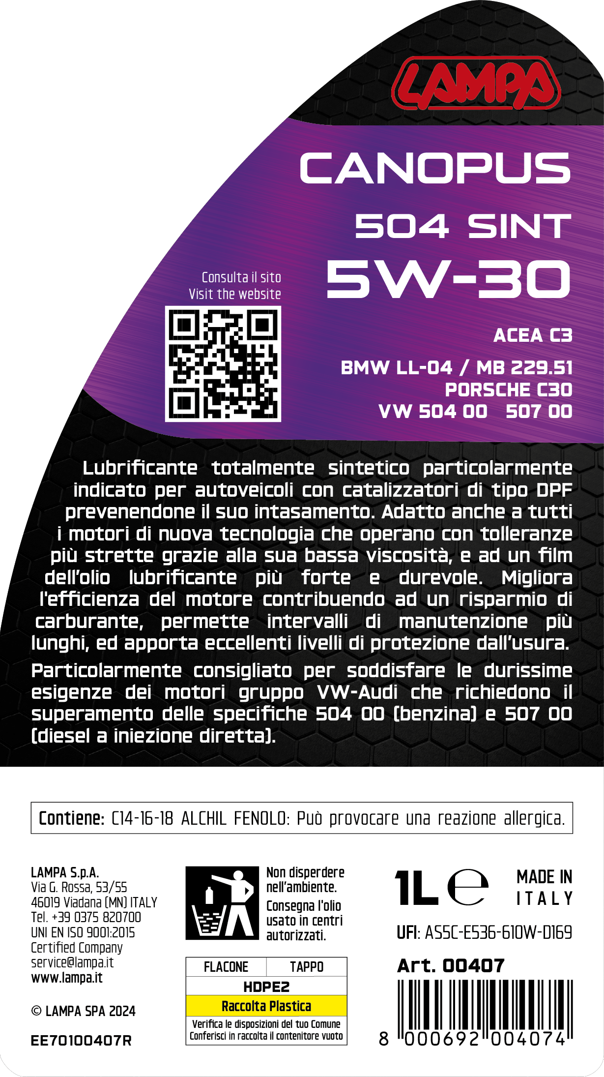 Canopus 504 Sint 5W-30, olio motore auto - 1 L - immagine 3