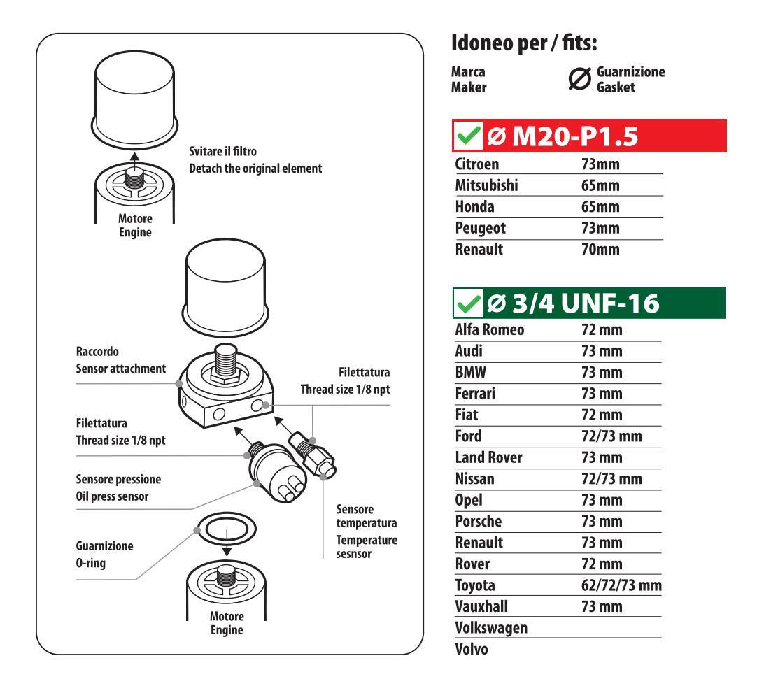 Raccordo filtri olio 77 mm per innesto 3 sensori - M20-P1.5 + 3/4-16 UNF - immagine 3