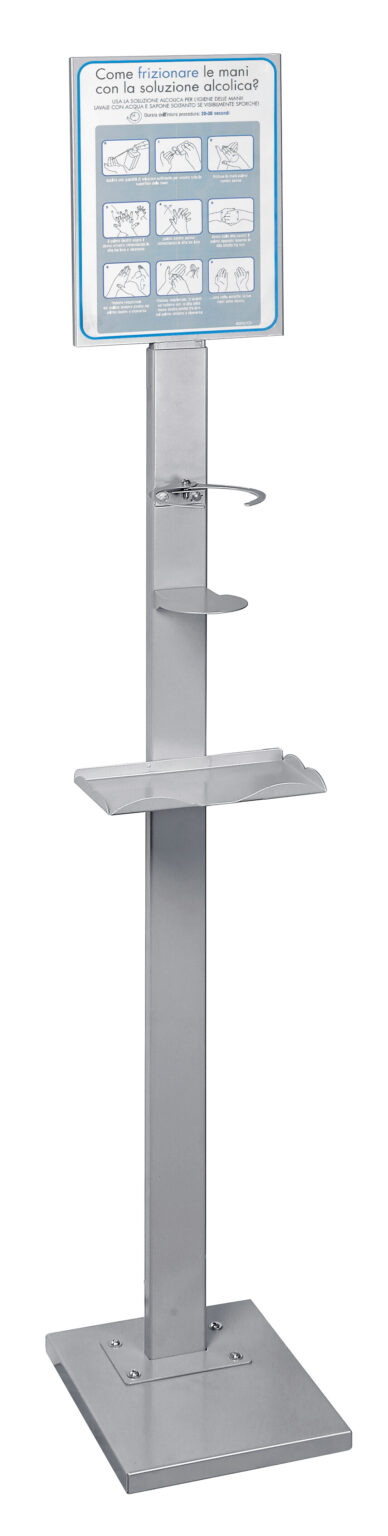 Piantana per barattolo &Oslash; 100 mm max, con mensola porta guanti o mascherine - 25x153x30 cm