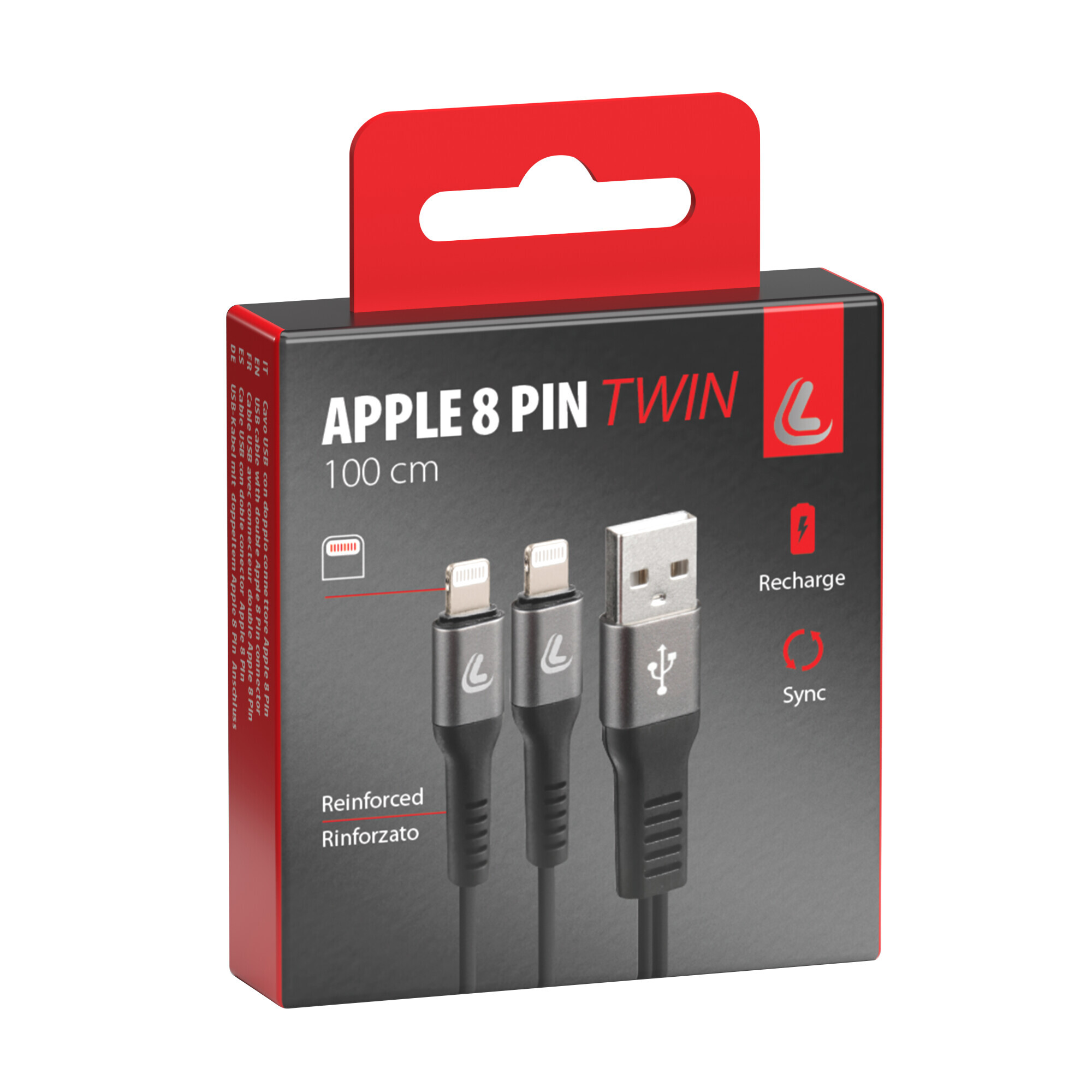 Cavo con doppio connettore, Usb > Apple 8 Pin - 100 cm - Nero 3 Cavo con doppio connettore, Usb > Apple 8 Pin - 100 cm - Nero - immagine 3