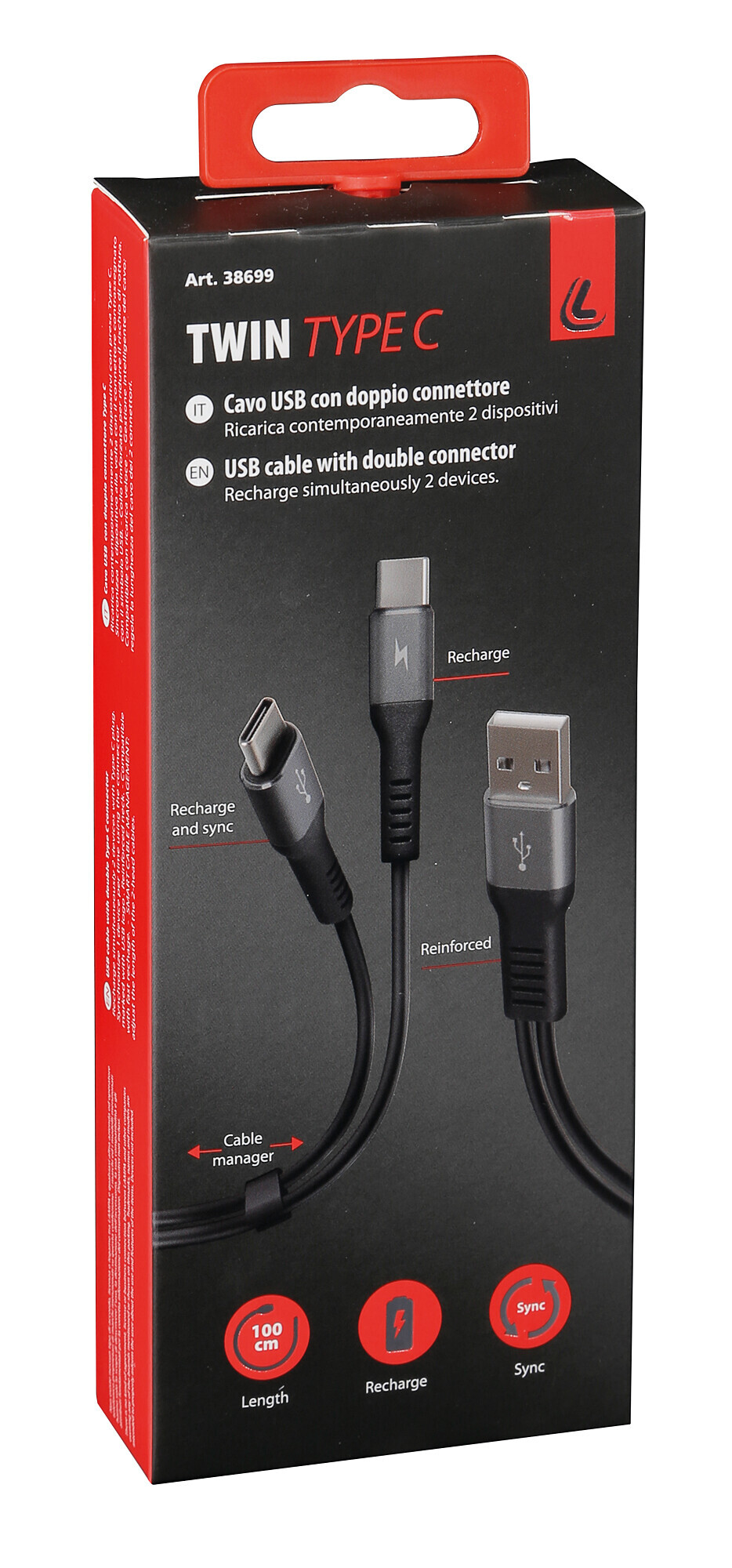 Cavo con doppio connettore, Usb > Type-C - 100 cm - Nero - immagine 3