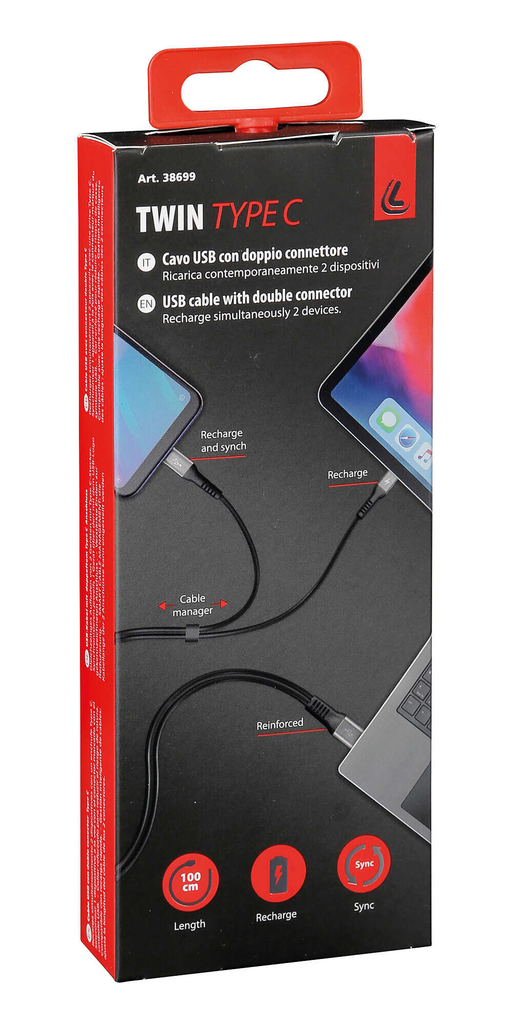 Cavo con doppio connettore, Usb > Type-C - 100 cm - Nero - immagine 4