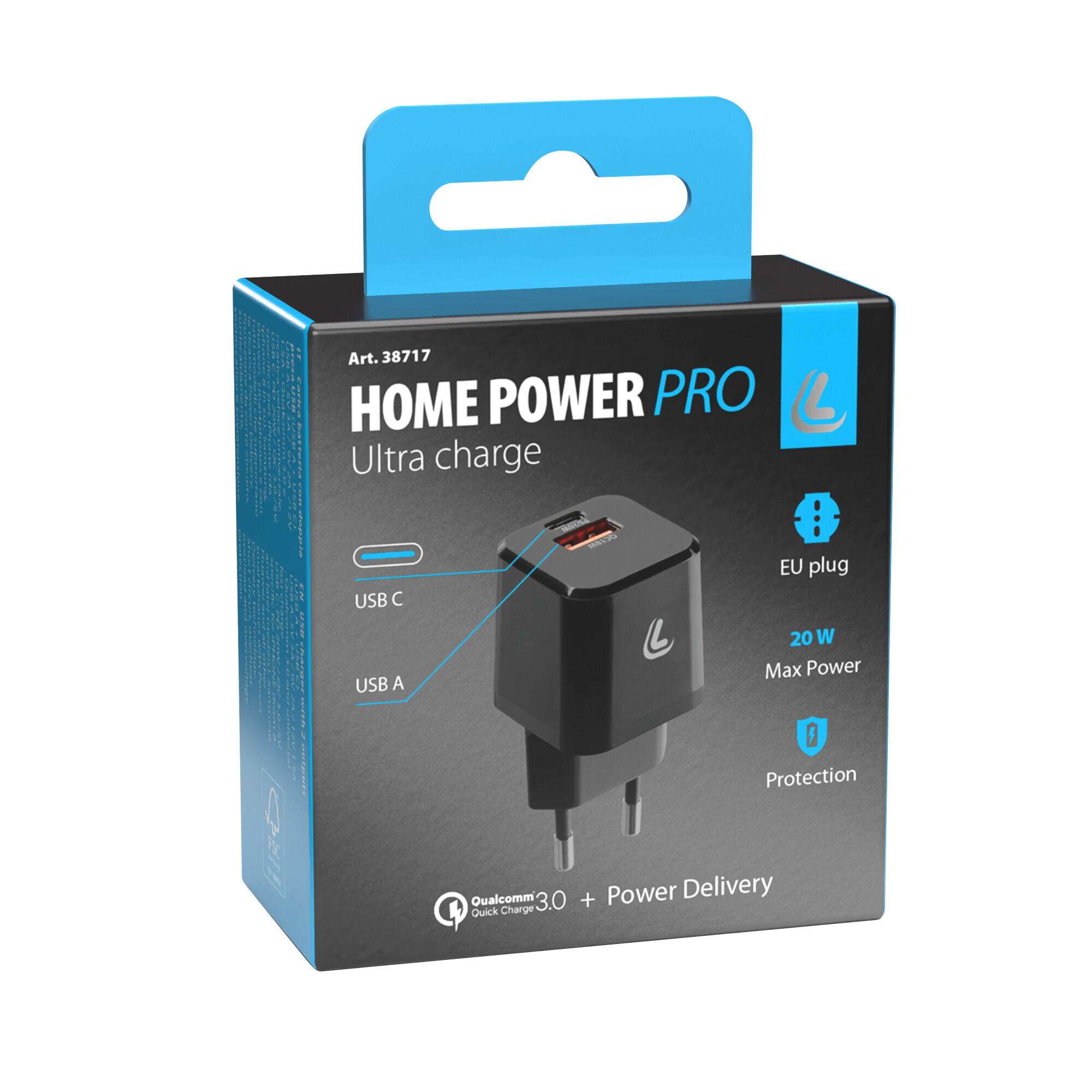 Home Power Pro, caricabatteria da rete con 2 porte USB - PD / QC 3.0 - 20W - 100/230V - immagine 2