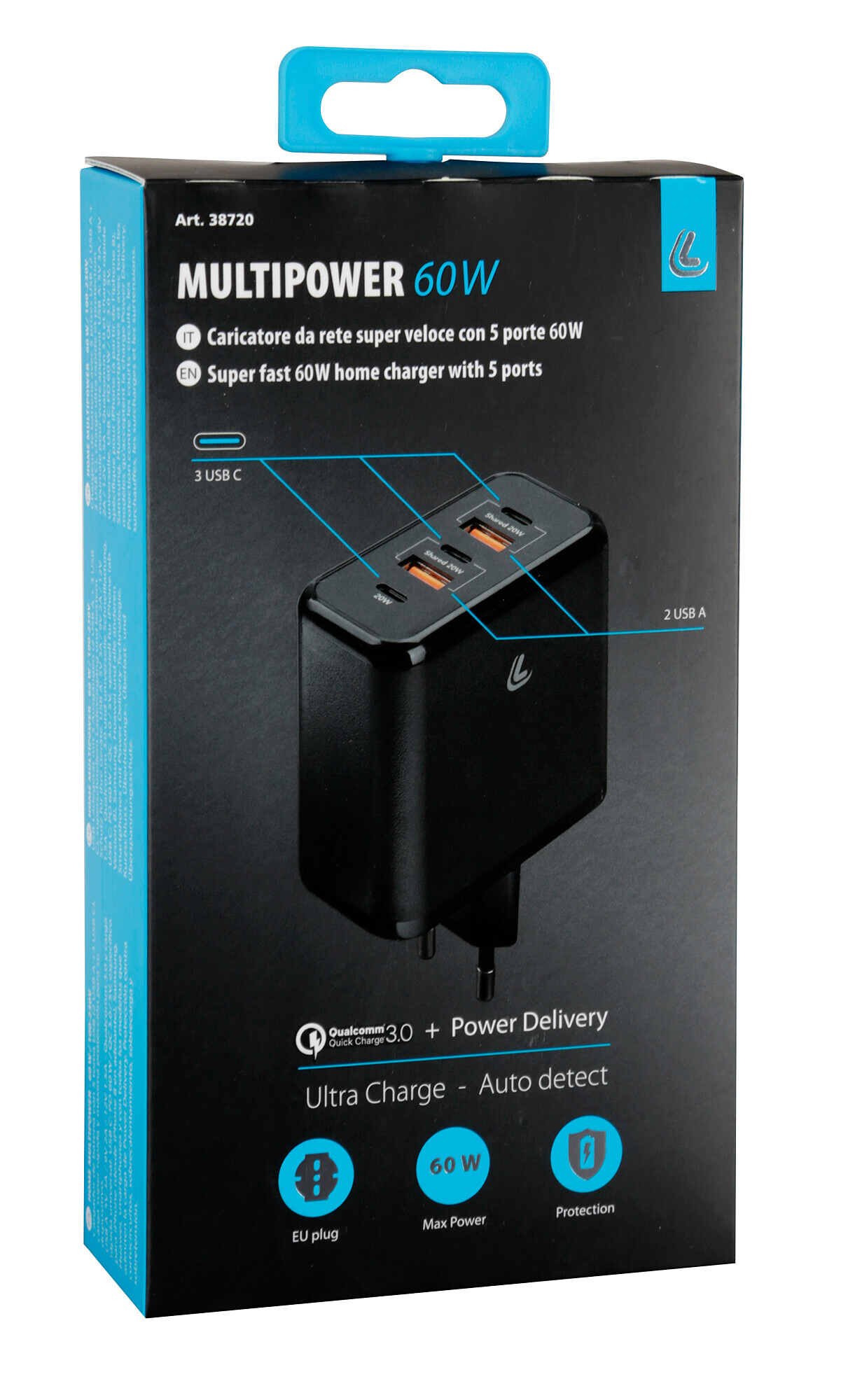 Multipower, caricabatteria da rete con 5 porte USB - PD / QC 3.0 - 60W - 100/230V - immagine 3