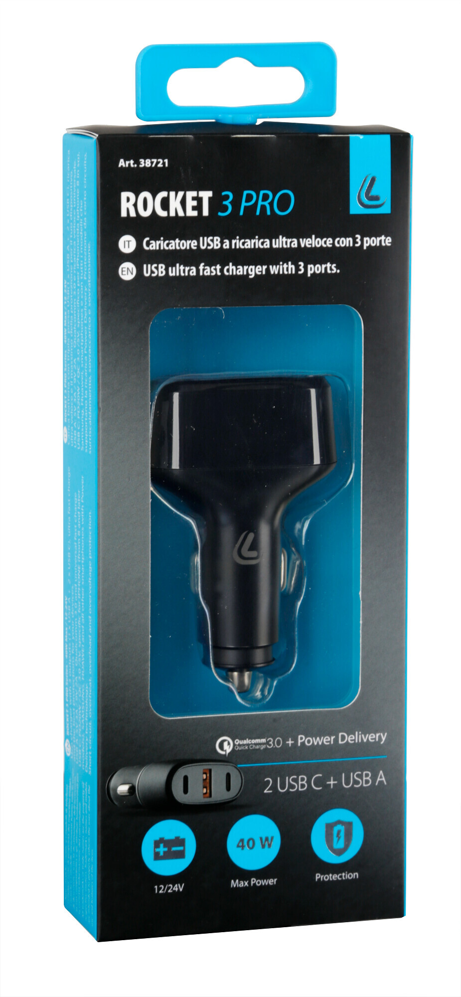 Rocket 3 Pro, caricabatteria 3 porte Usb - PD / QC 3.0 - 40W - 12/24V - immagine 3