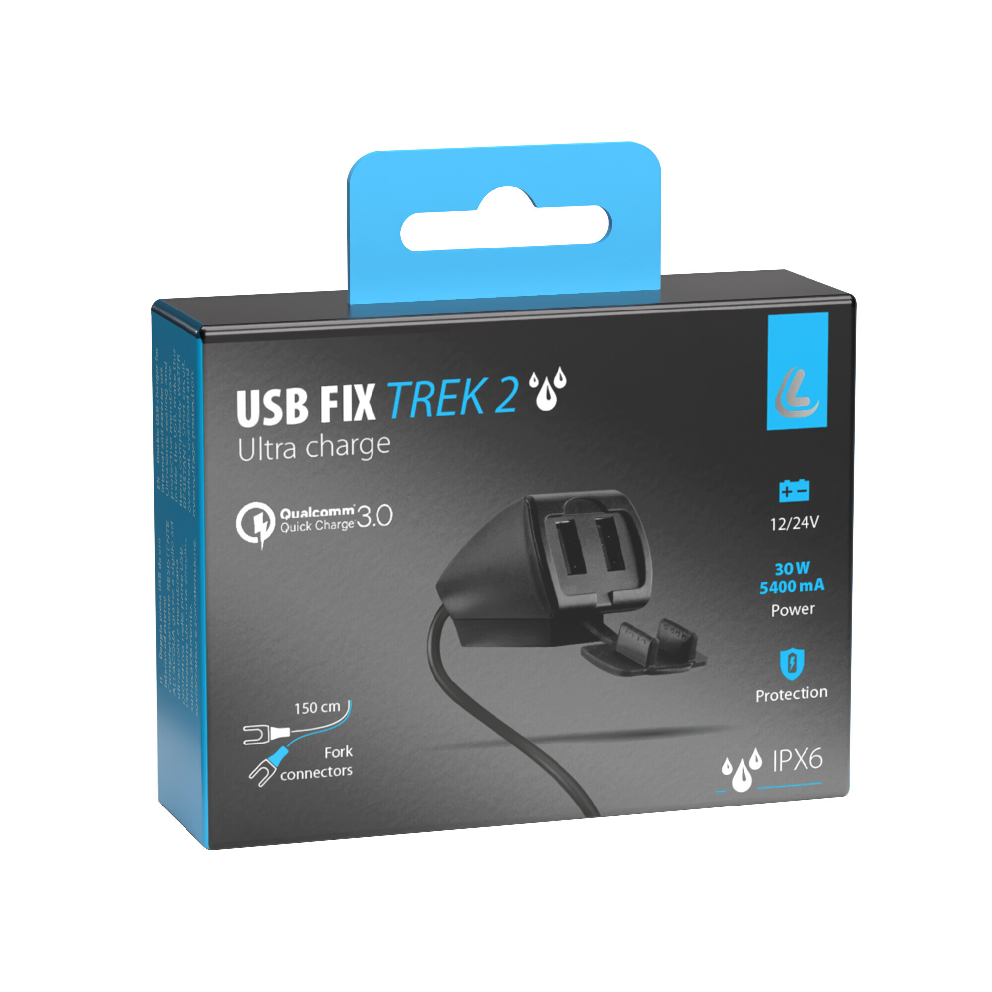 Usb-Fix Trek 2, doppio caricatore usb resistente all’acqua, fissaggio con viti o biadesivo - Ultra Fast Charge - 5400 mA - 12/24V - immagine 2