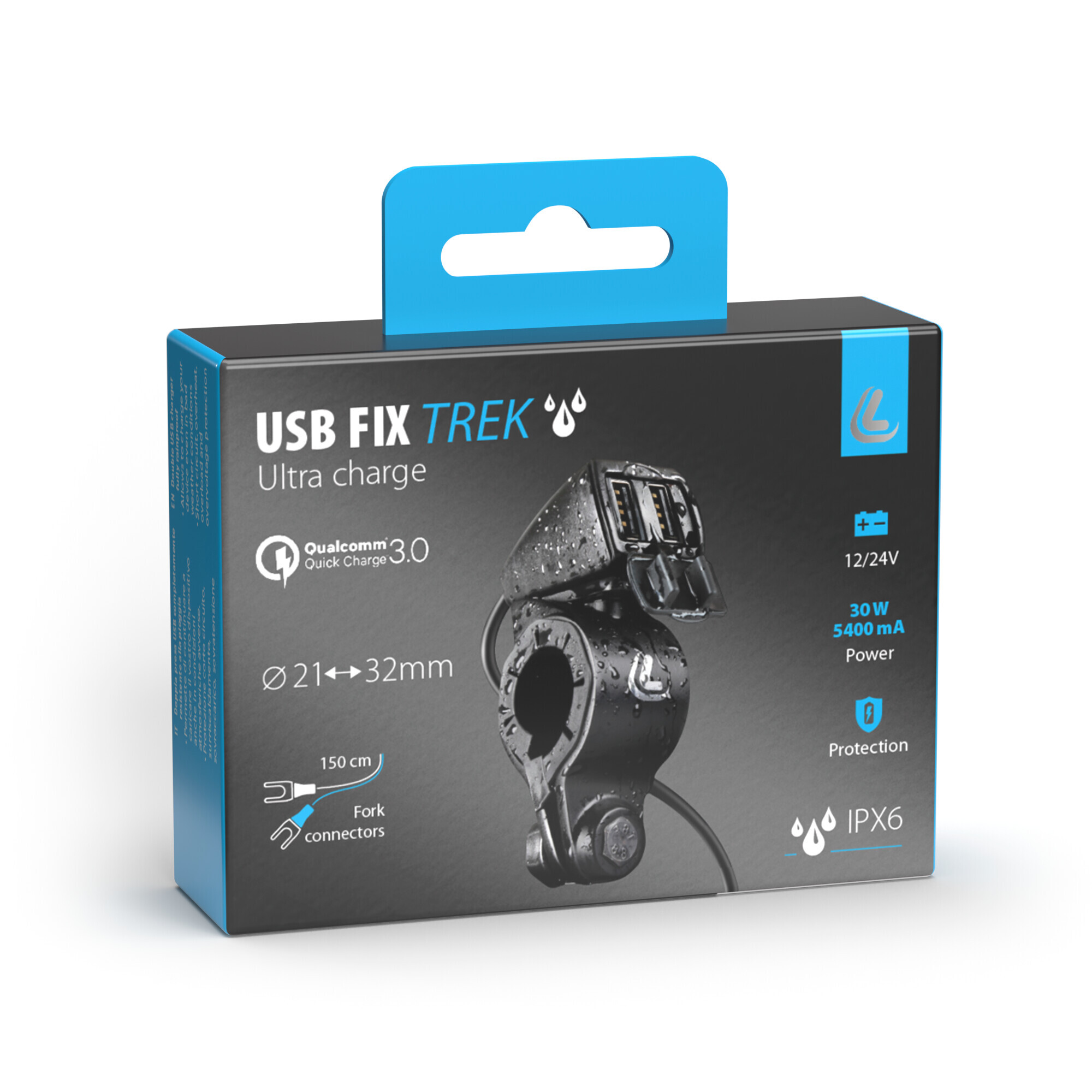 Usb-Fix Trek, doppio caricatore usb resistente all’acqua, fissaggio a manubrio - Ultra Fast Charge - 5400 mA - 12/24V - immagine 6