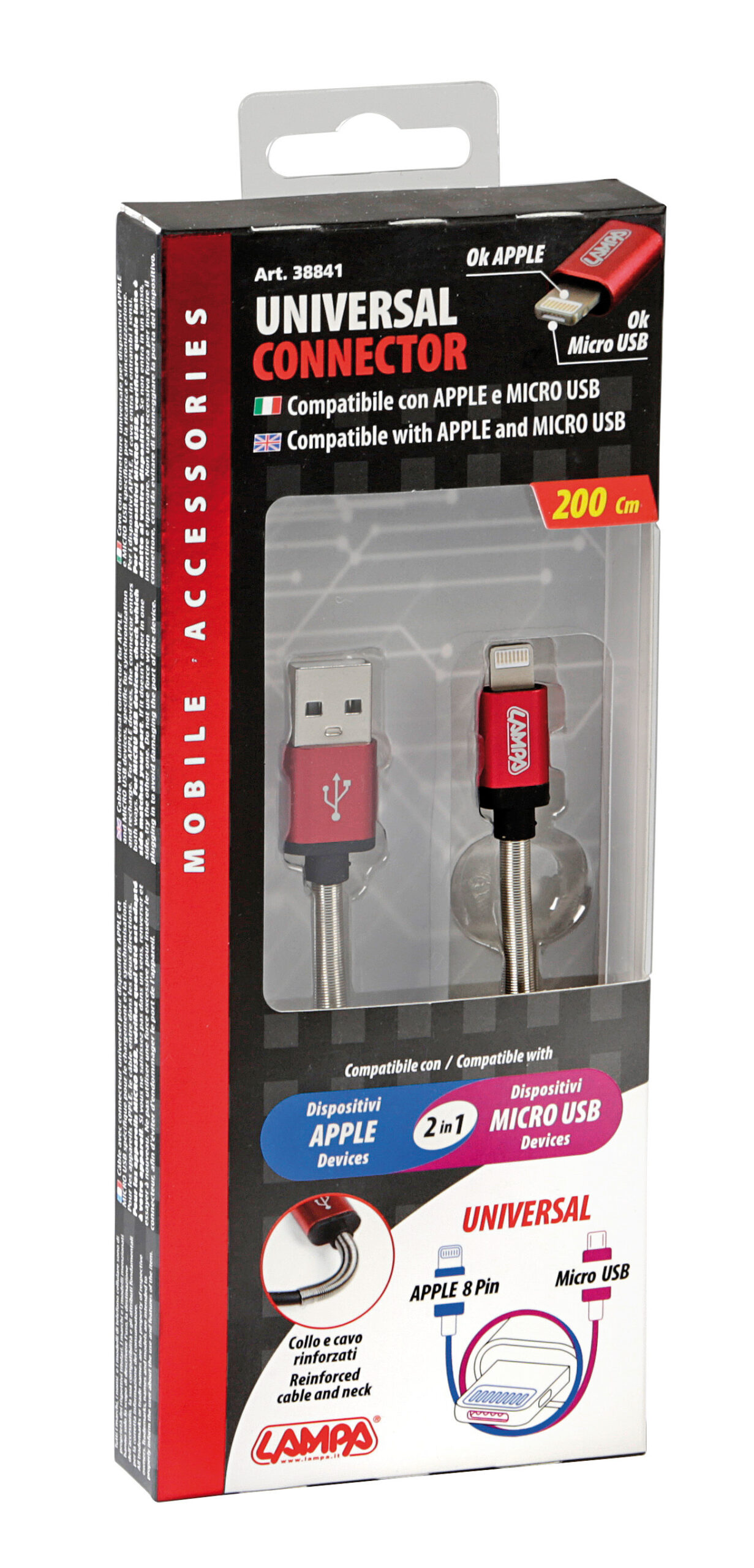 Cavo Universal, Usb > Apple 8 pin / Micro Usb - 200 cm - Nero - immagine 5