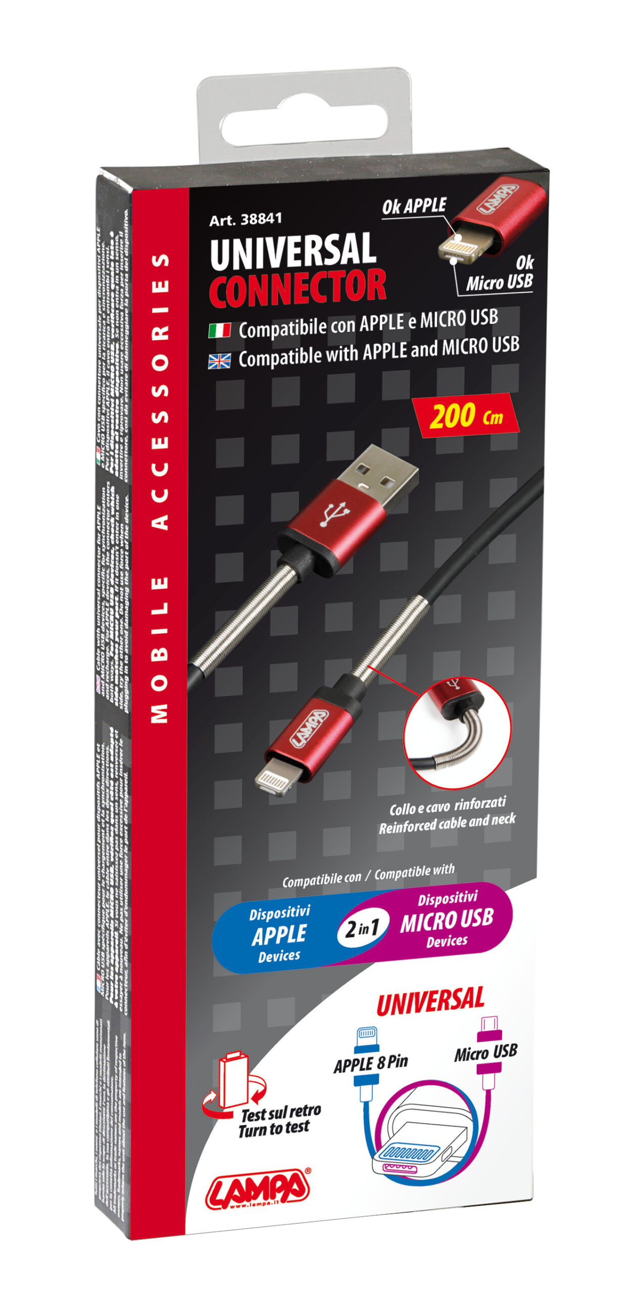 Cavo Universal, Usb > Apple 8 pin / Micro Usb - 200 cm - Nero - immagine 6