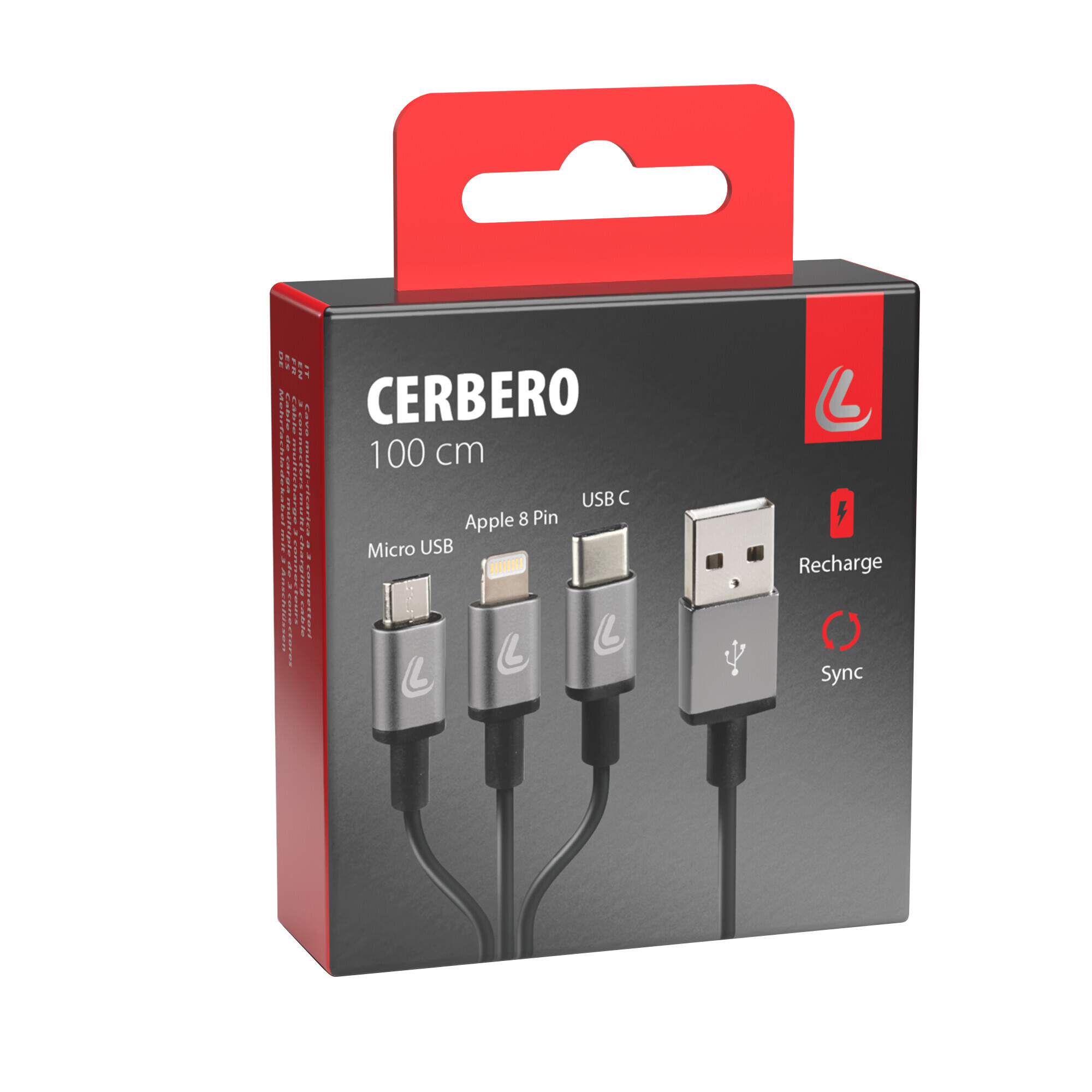 Cerbero, cavo ricarica con 3 connettori - 100 cm - Nero - immagine 4