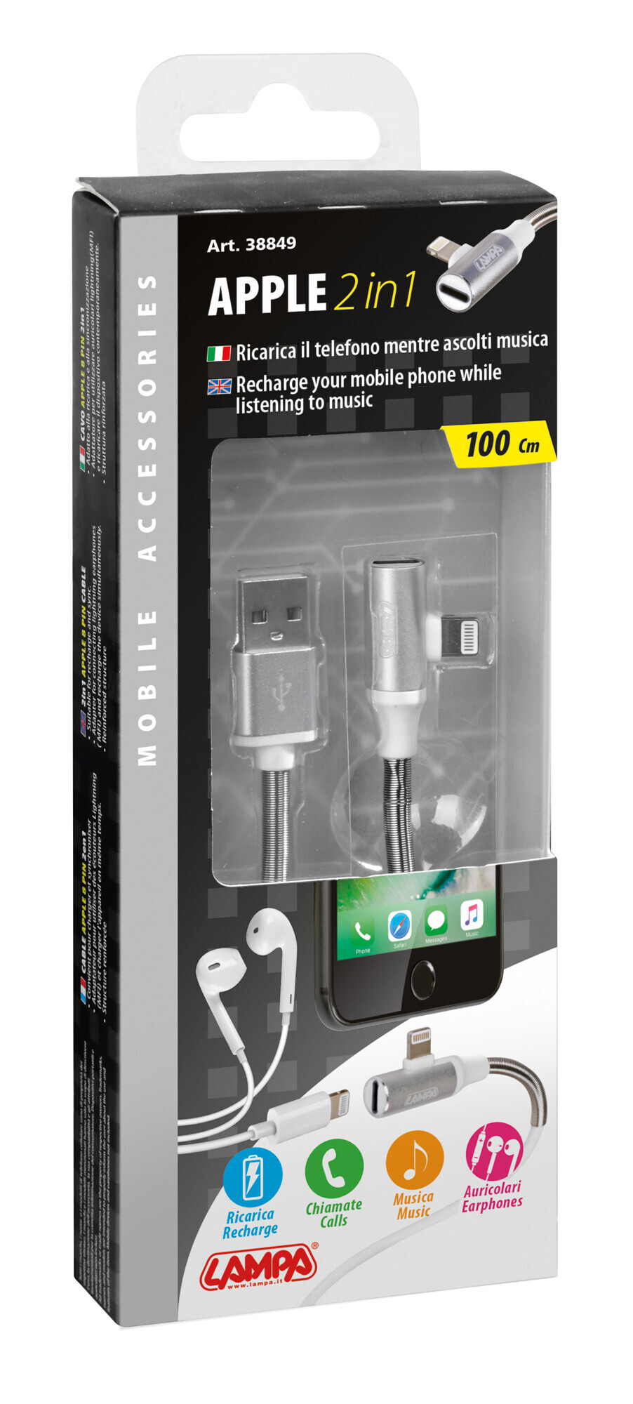 Cavo 90° Usb > Apple 8 Pin + adattatore auricolari - 100 cm - Bianco - immagine 3