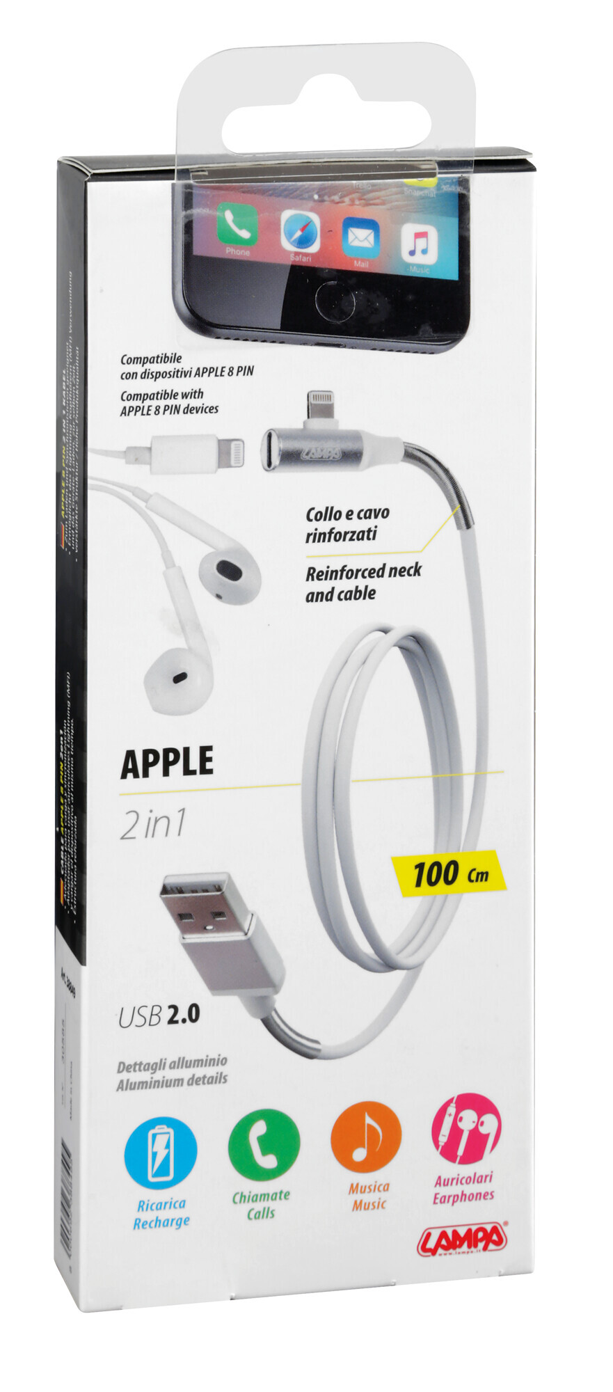 Cavo 90° Usb > Apple 8 Pin + adattatore auricolari - 100 cm - Bianco - immagine 4