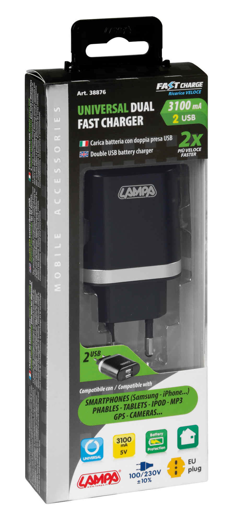 Caricabatteria da rete con 2 porte Usb - Fast Charge - 3100 mA - 100/230V - immagine 2