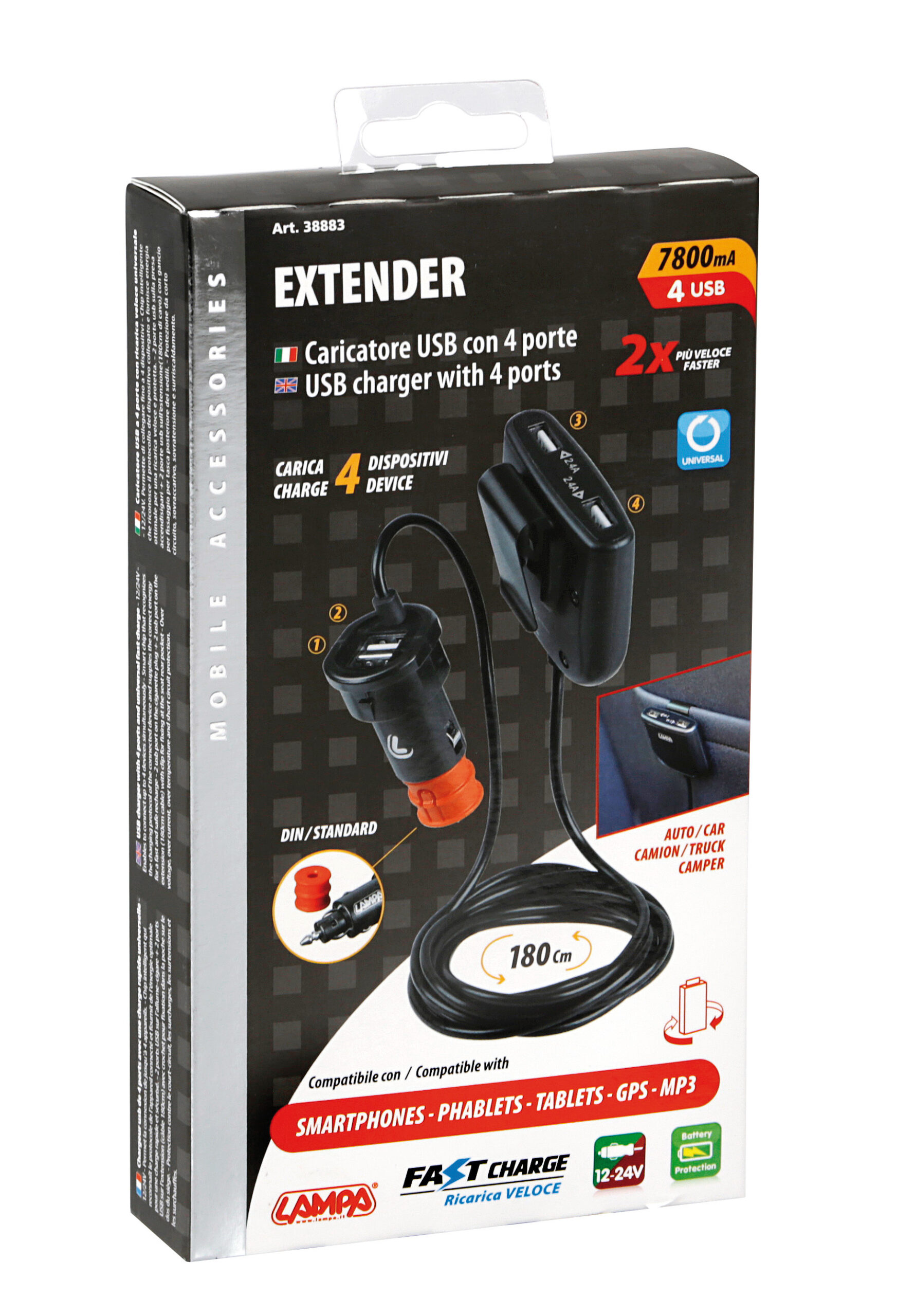 Caricabatteria 4 porte Usb con prolunga - Fast Charge - 7800 mA - 12/24V - immagine 4