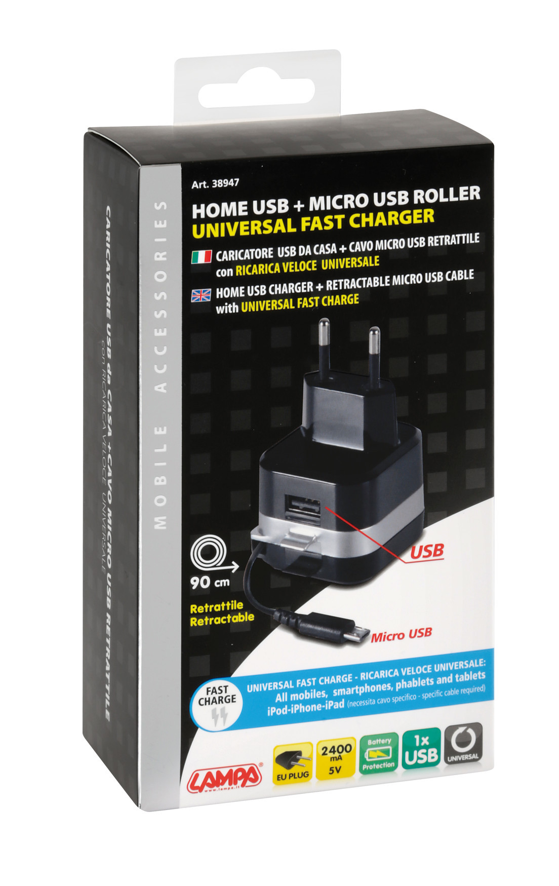 Caricabatteria da rete Micro Usb con 1 porta Usb - Fast Charge - 2400 mA - 100/230V - immagine 4