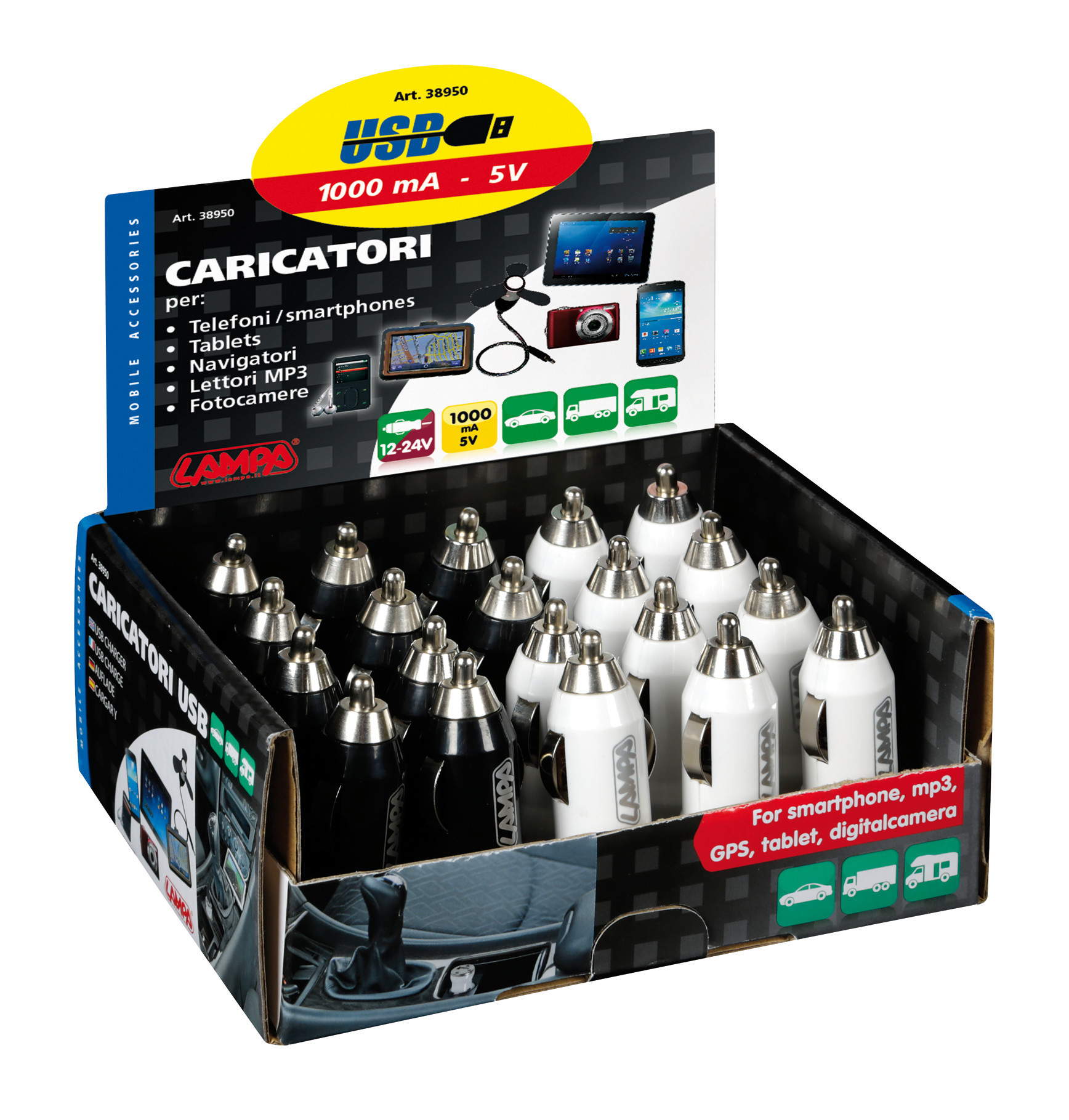 Display 20 pz - Caricabatteria 1 porta Usb - 1000 mA - 12/24V - immagine 3