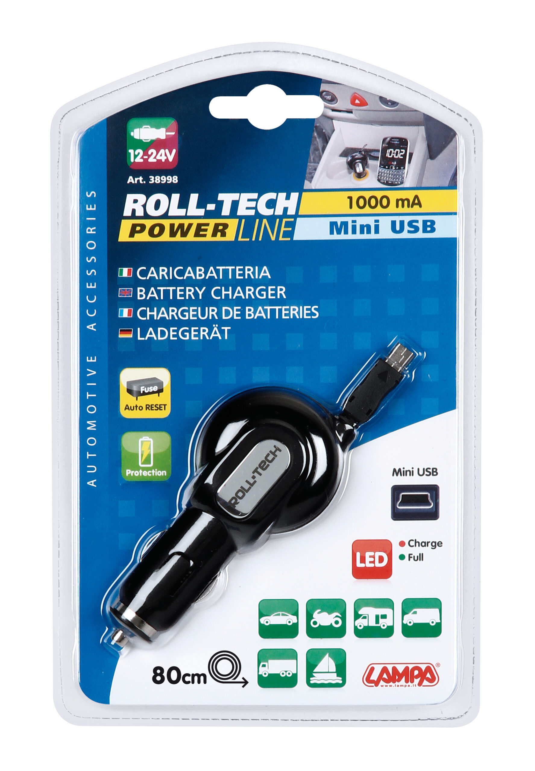 Roll-Tech, caricabatteria Mini Usb - 1000 mA - 12/24V - immagine 3