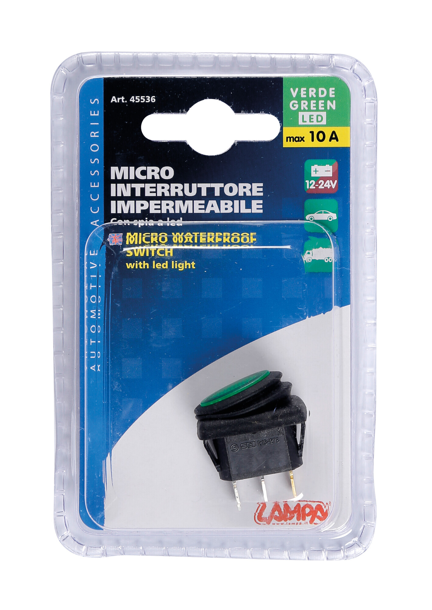 Micro interruttore impermeabile con spia a Led - 12/24V - Verde - immagine 2