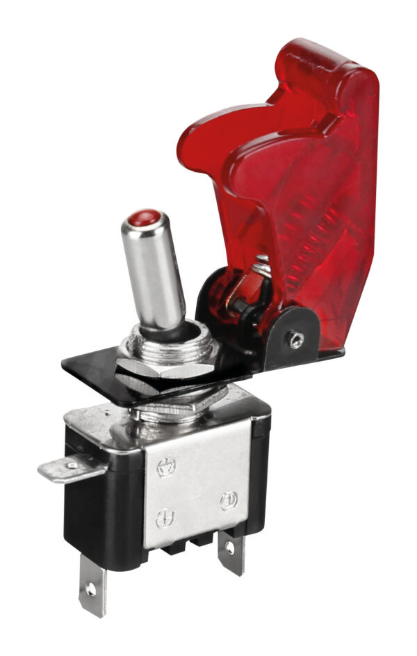 Interruttore a leva con sicura, in alluminio con spia a Led -  12/24V - Rosso -  20A