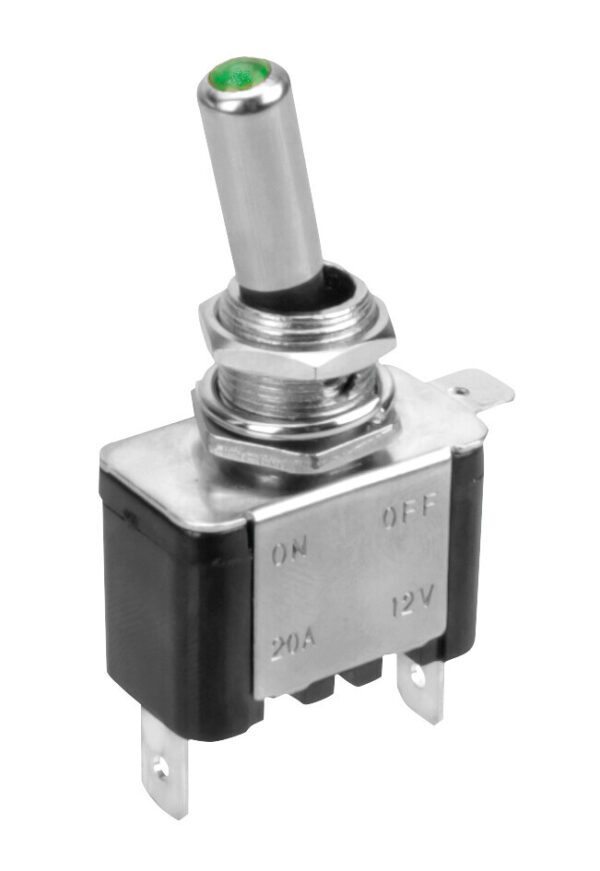 Interruttore a leva, in alluminio con spia a Led -  12/24V - Verde -   20A