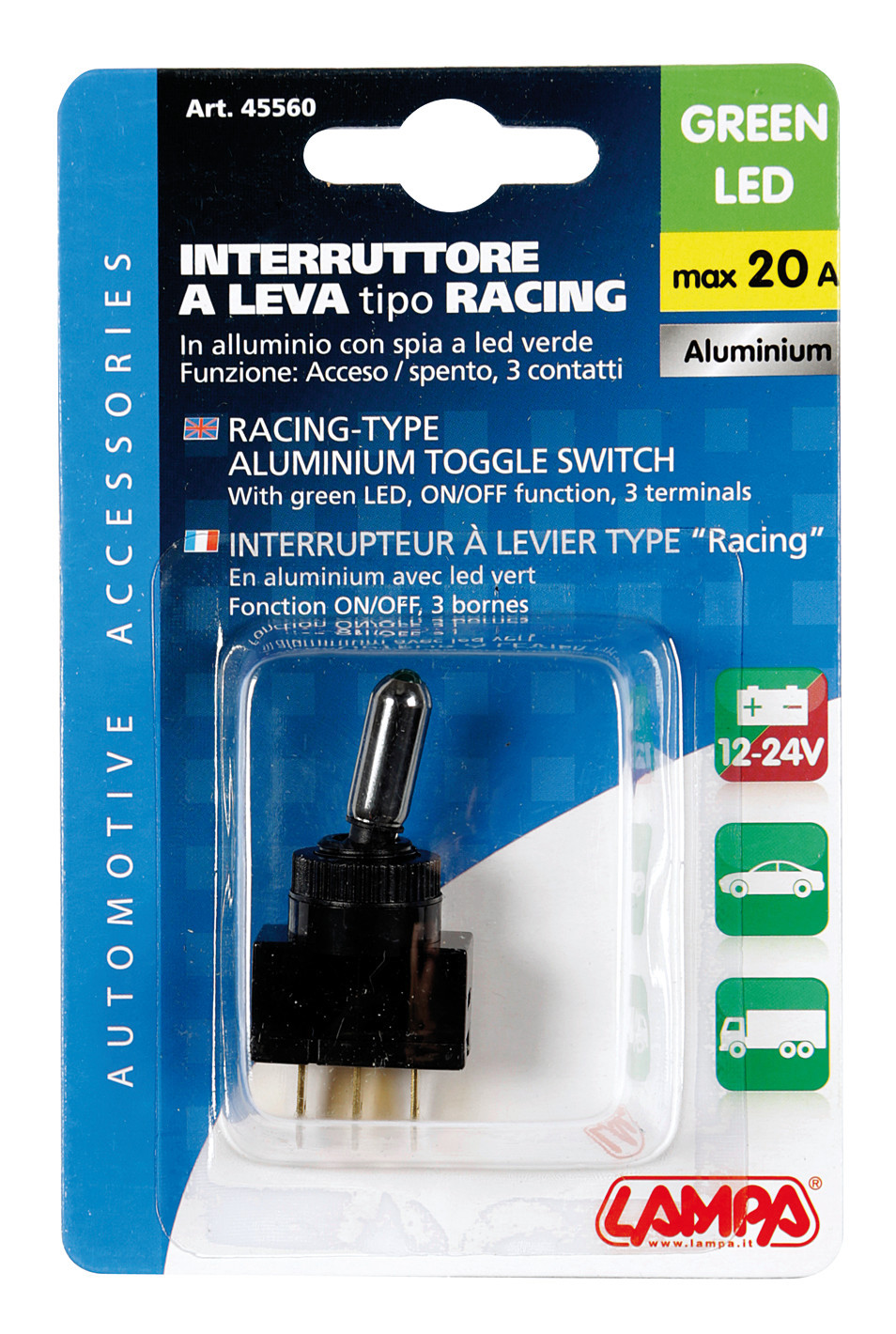 Interruttore a leva tipo Racing, in alluminio con spia a Led - 12/24V - Verde - 20A - immagine 2