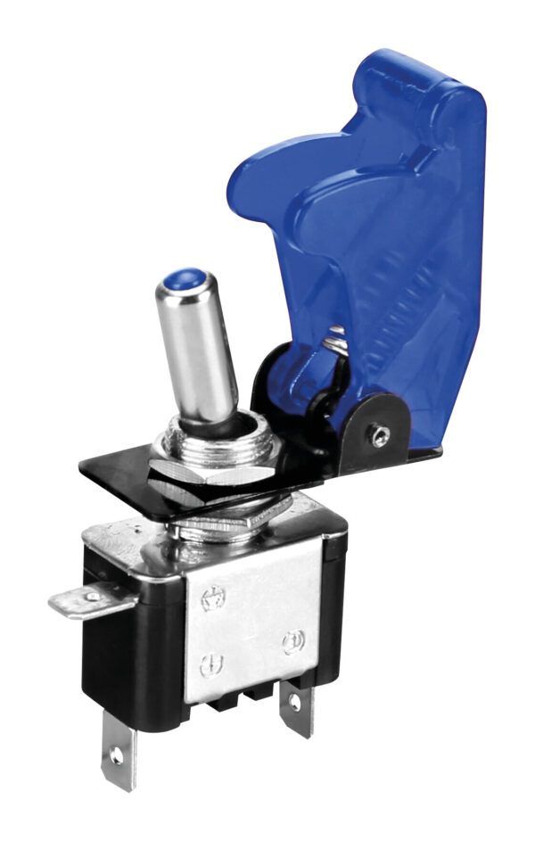 Interruttore a leva con sicura, in alluminio con spia a Led -  12/24V - Blu -   20A