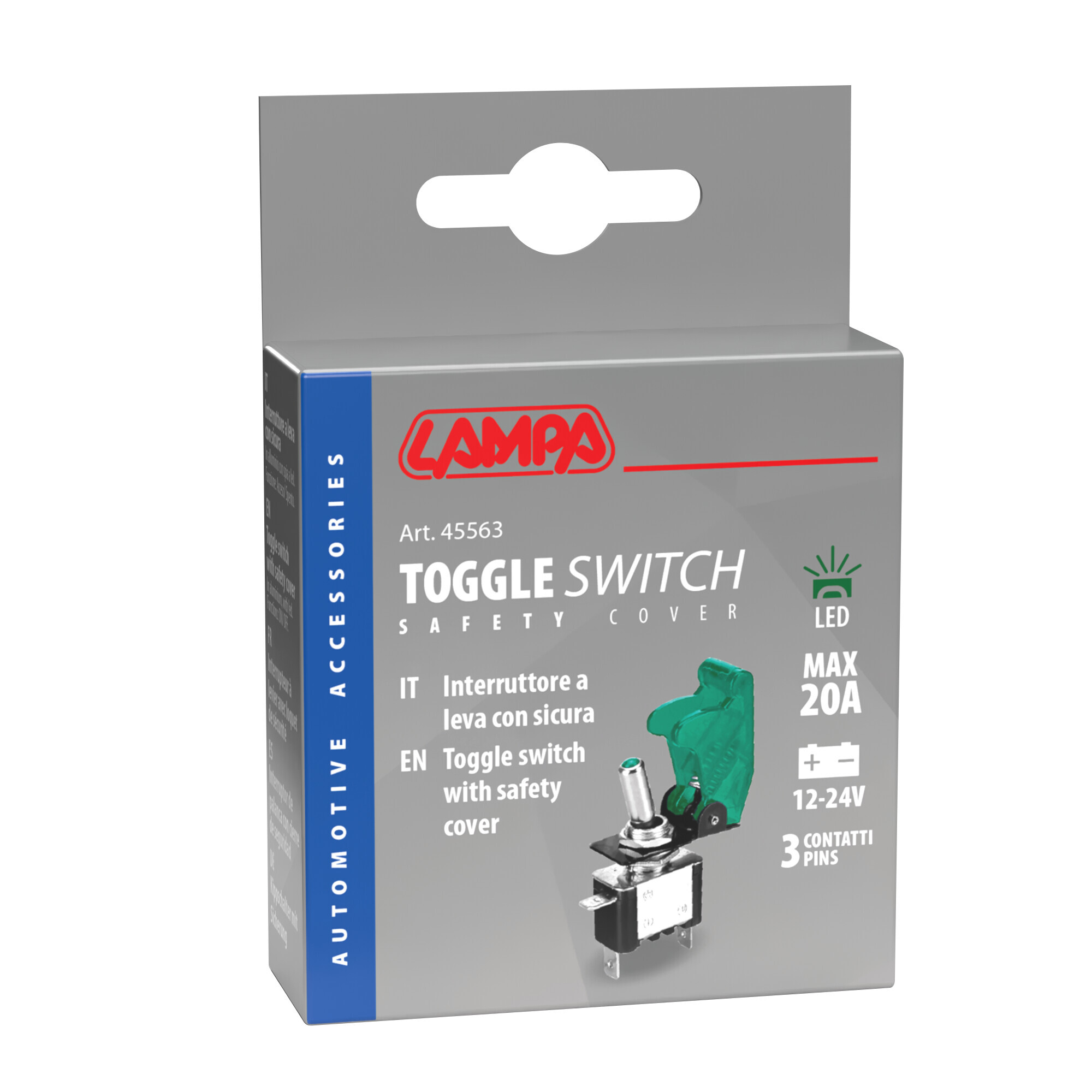 Interruttore a leva con sicura, in alluminio con spia a Led - 12/24V - Verde - 20A - immagine 2