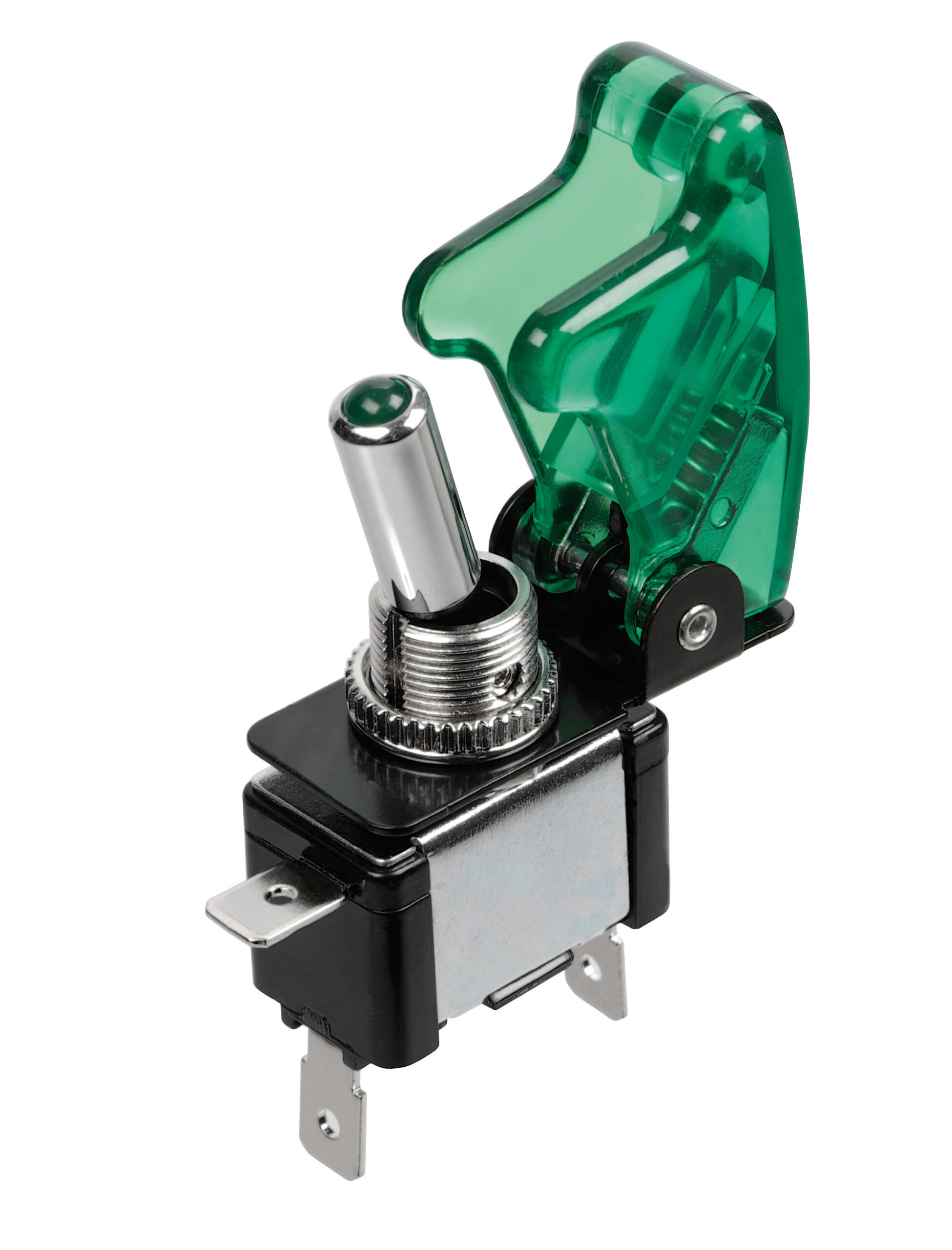 Interruttore a leva con sicura, in alluminio con spia a Led - 12/24V - Verde - 20A