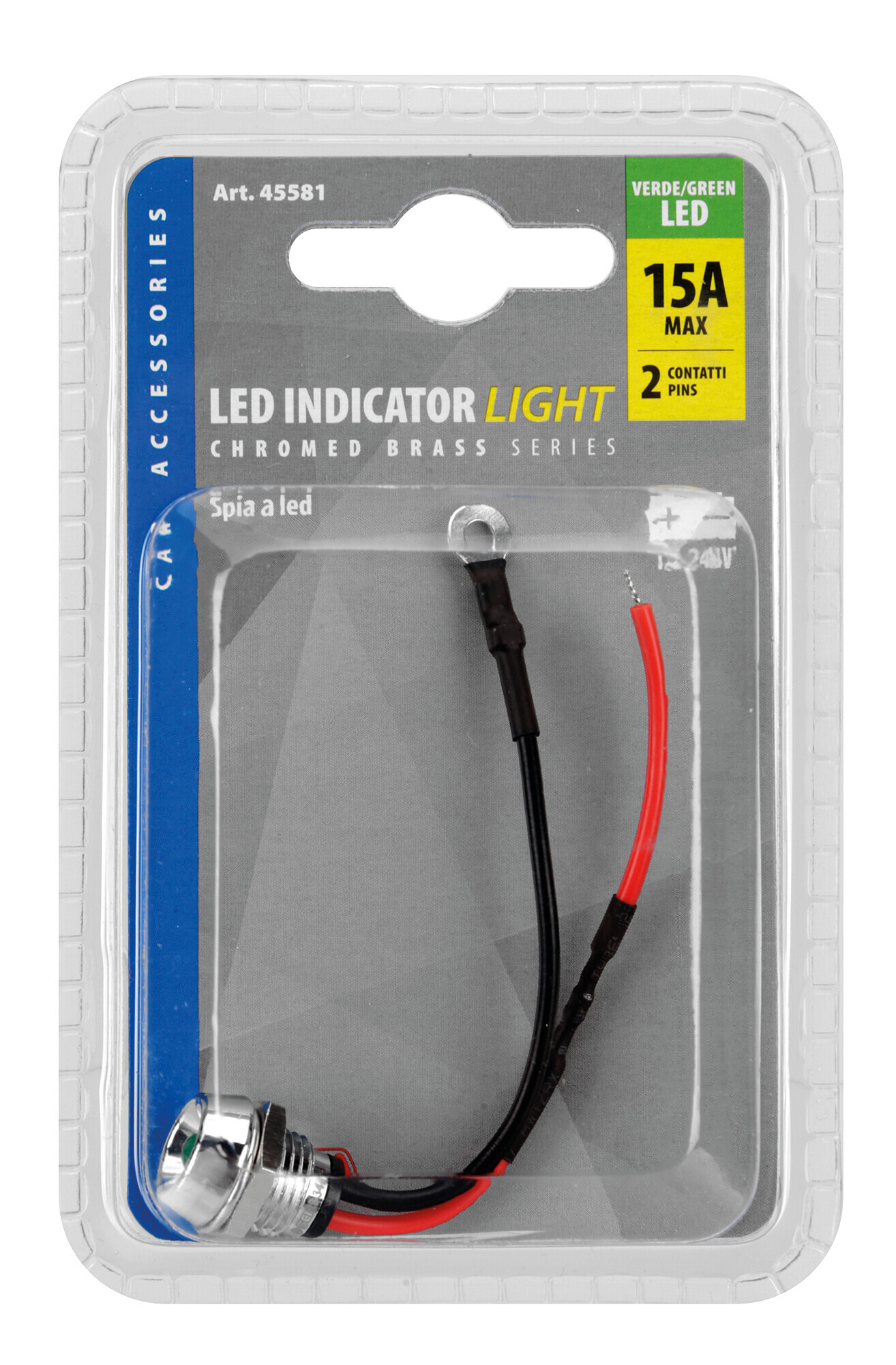 Spia a Led, in ottone cromato - 12/24V - Verde - 15A - immagine 2
