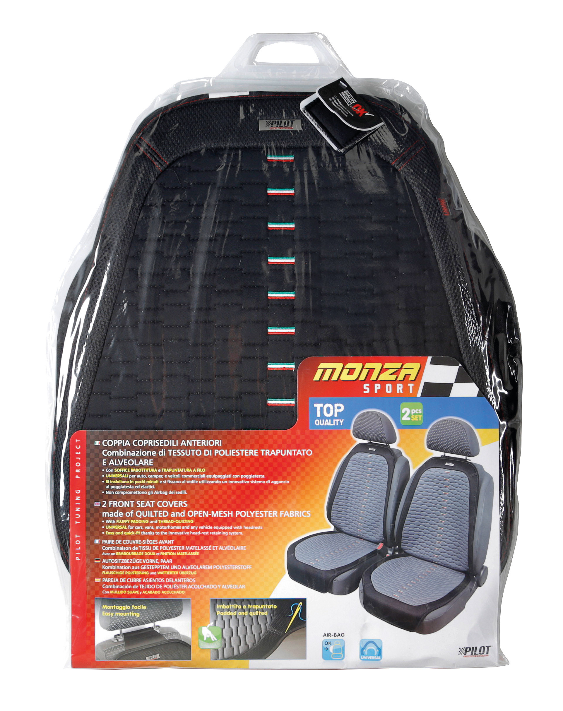 Monza, coppia coprisedili anteriori in tessuto alveolare di poliestere e trapuntato - Nero 2 Monza, coppia coprisedili anteriori in tessuto alveolare di poliestere e trapuntato - Nero - immagine 2