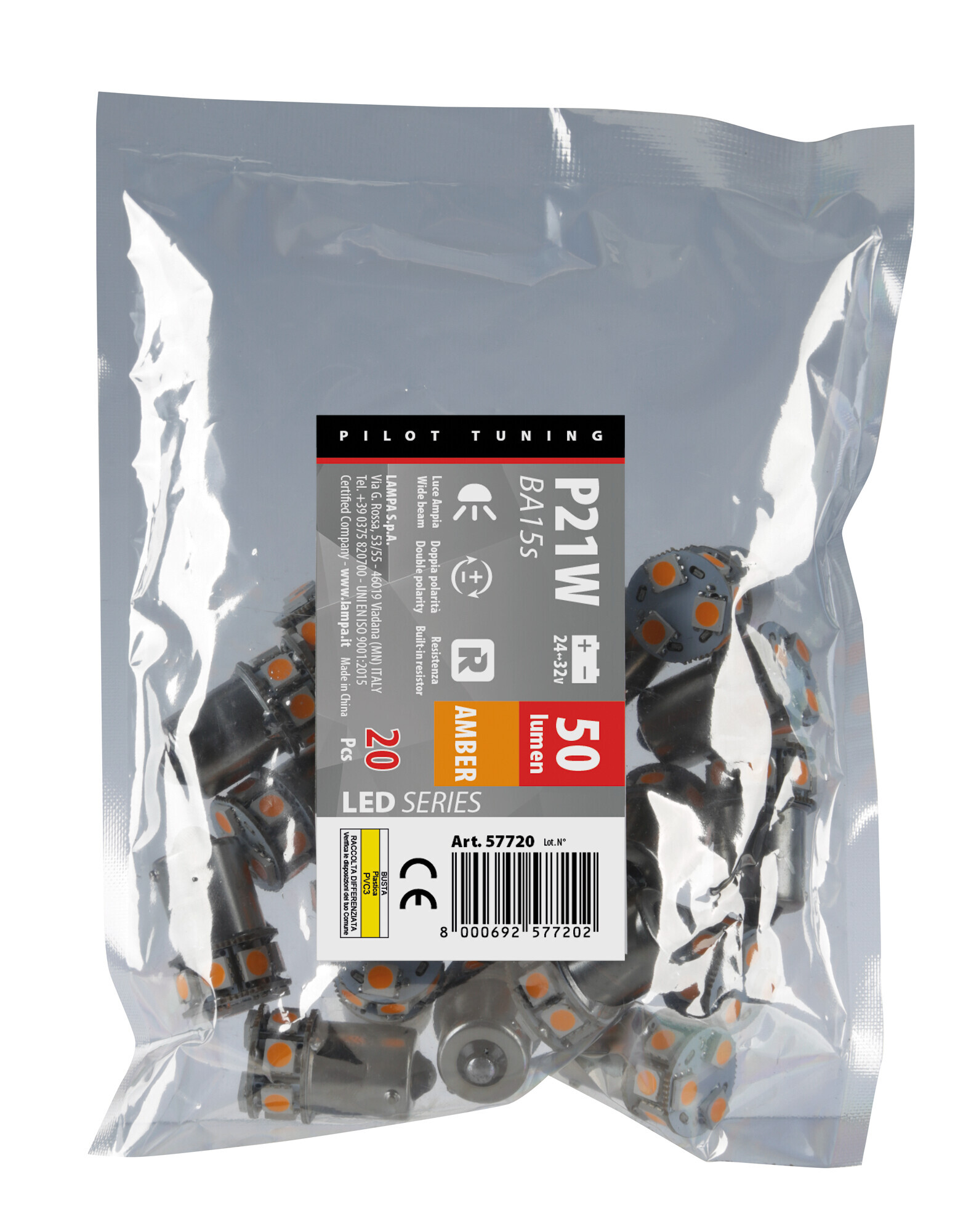 24/32V Led series - 10 SMD x 1 chip - (P21W) - BA15s - 20 pz - Busta - Arancio - Doppia polarità - Resistenza incorporata - immagine 2