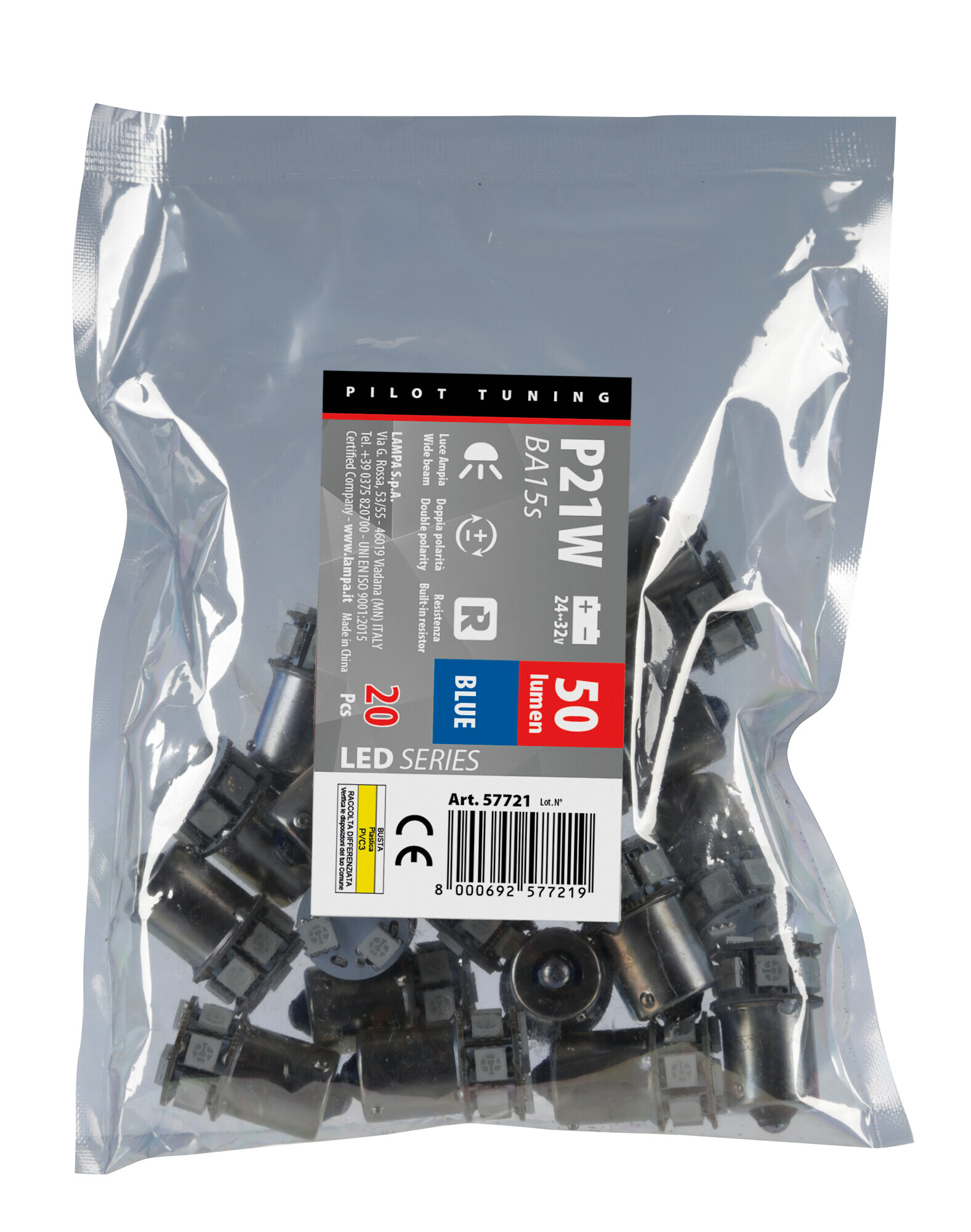 24/32V Led series - 10 SMD x 1 chip - (P21W) - BA15s - 20 pz - Busta - Blu - Doppia polarità - Resistenza incorporata - immagine 2