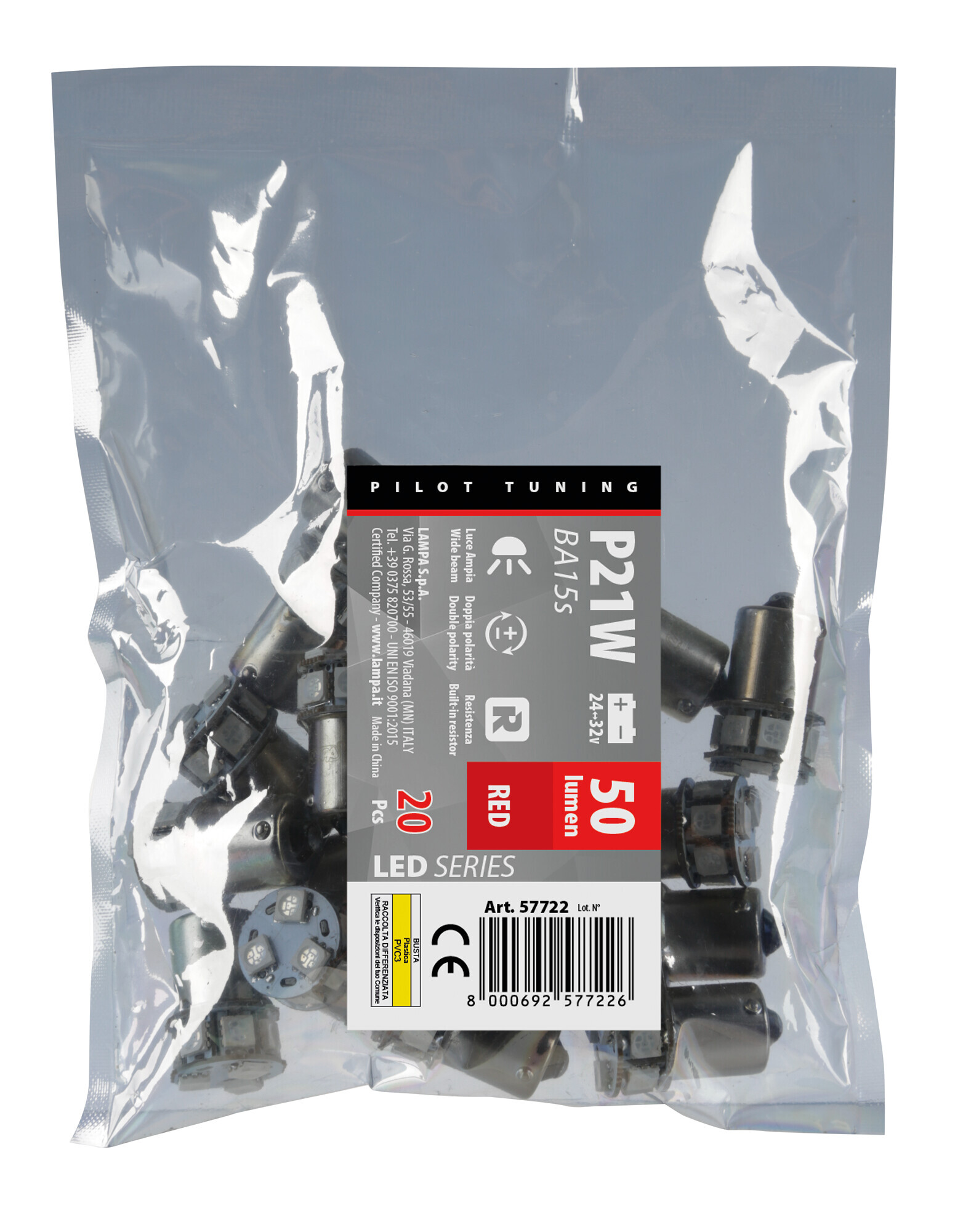 24/32V Led series - 10 SMD x 1 chip - (P21W) - BA15s - 20 pz - Busta - Rosso - Doppia polarità - Resistenza incorporata - immagine 2