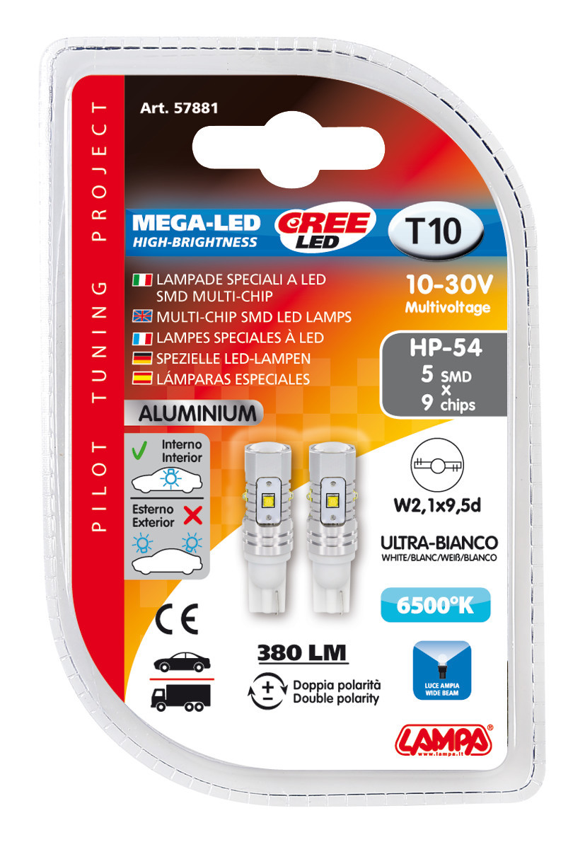 10/30V Mega-Led 45 - 5 SMD x 9 chips - (T10) - W2,1x9,5d - 2 pz - D/Blister - Bianco - Doppia polarità - immagine 3