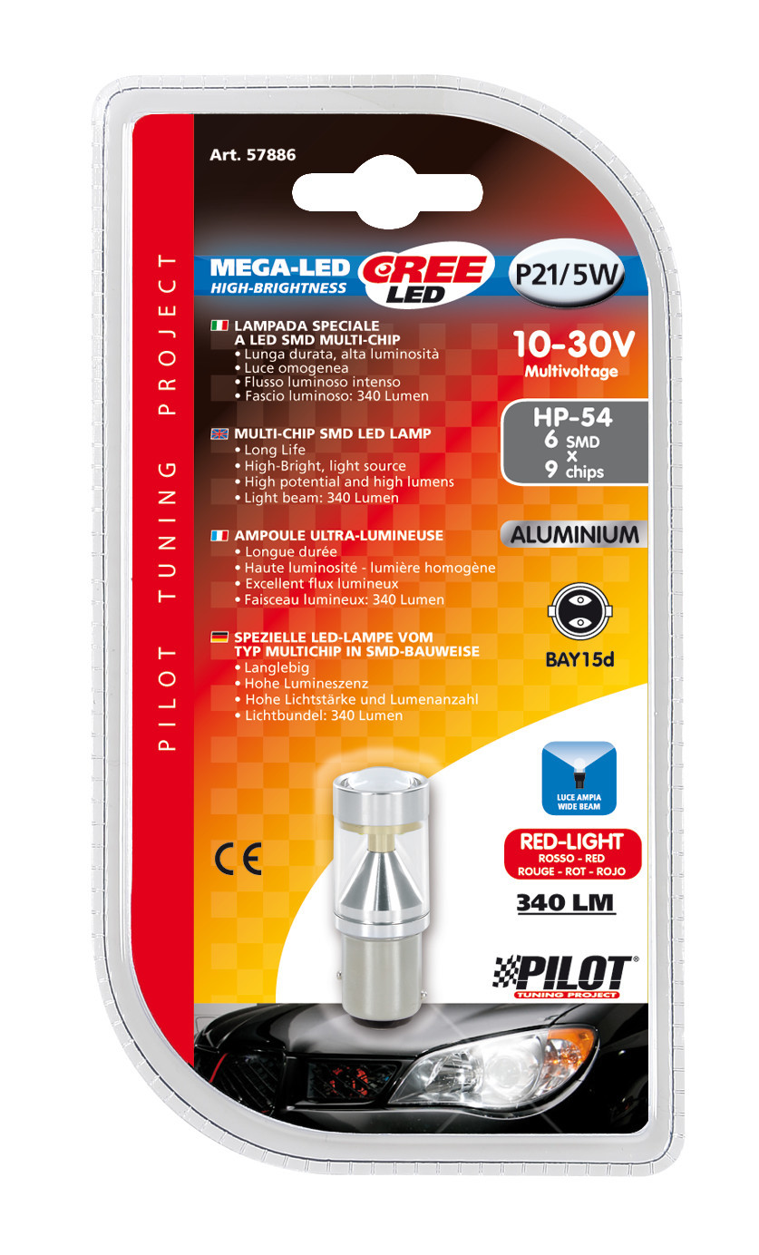 10/30V Mega-Led 54 - 6 SMD x 9 chips - (P21/5W) - BAY15d - 1 pz - D/Blister - Rosso - immagine 2