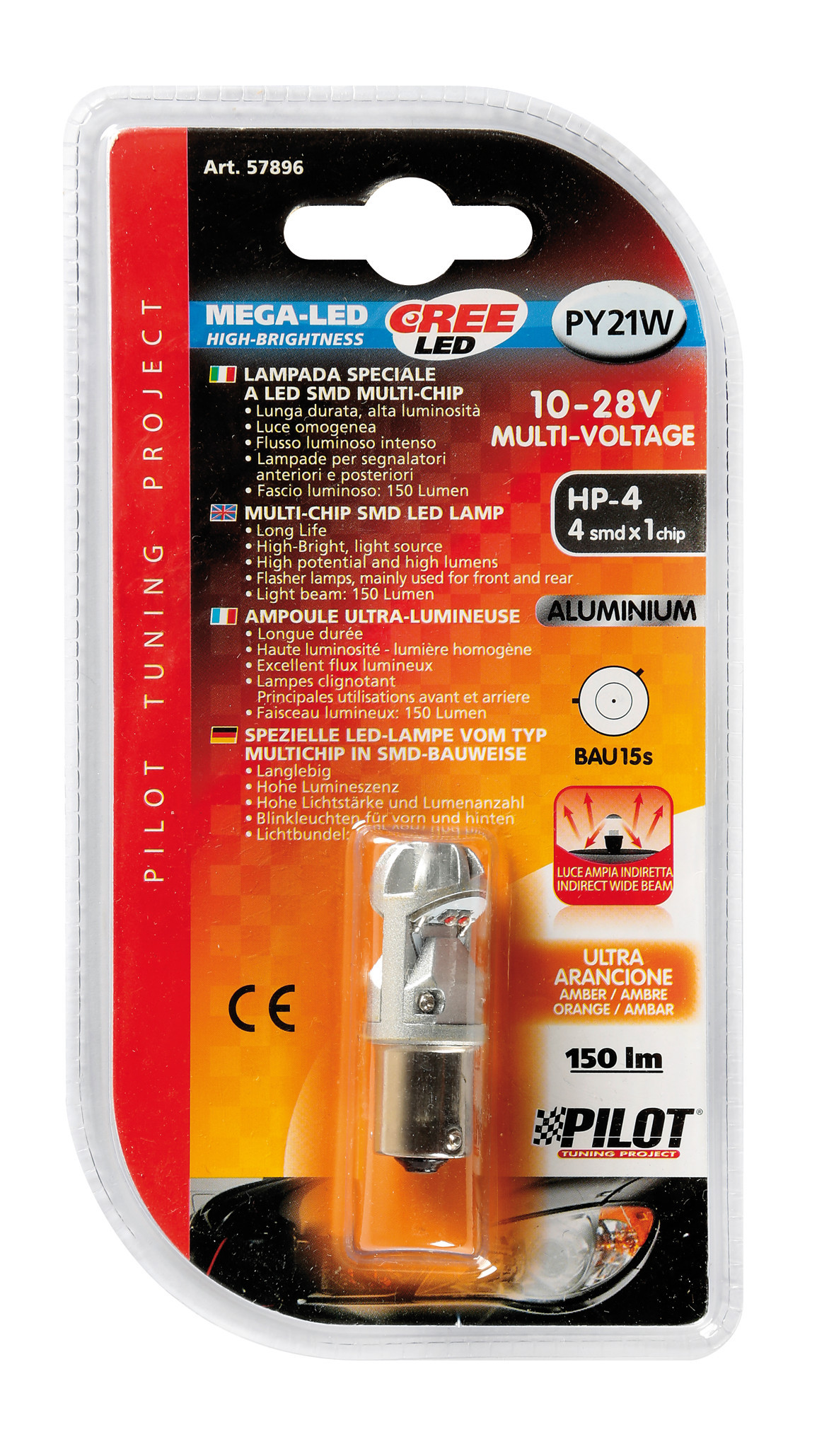 9/30V Mega-Led HP-4 - 4 SMD x 1 chip - (PY21W) - BAU15s - 1 pz - D/Blister - Arancio - immagine 2