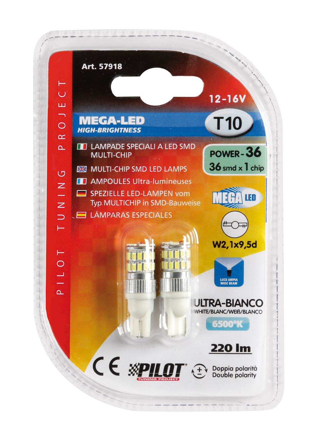 12/16V Mega-Led 36 - 36 SMD x 1 chip - (T10) - W2,1x9,5d - 2 pz - D/Blister - Bianco - Doppia polarità - immagine 2