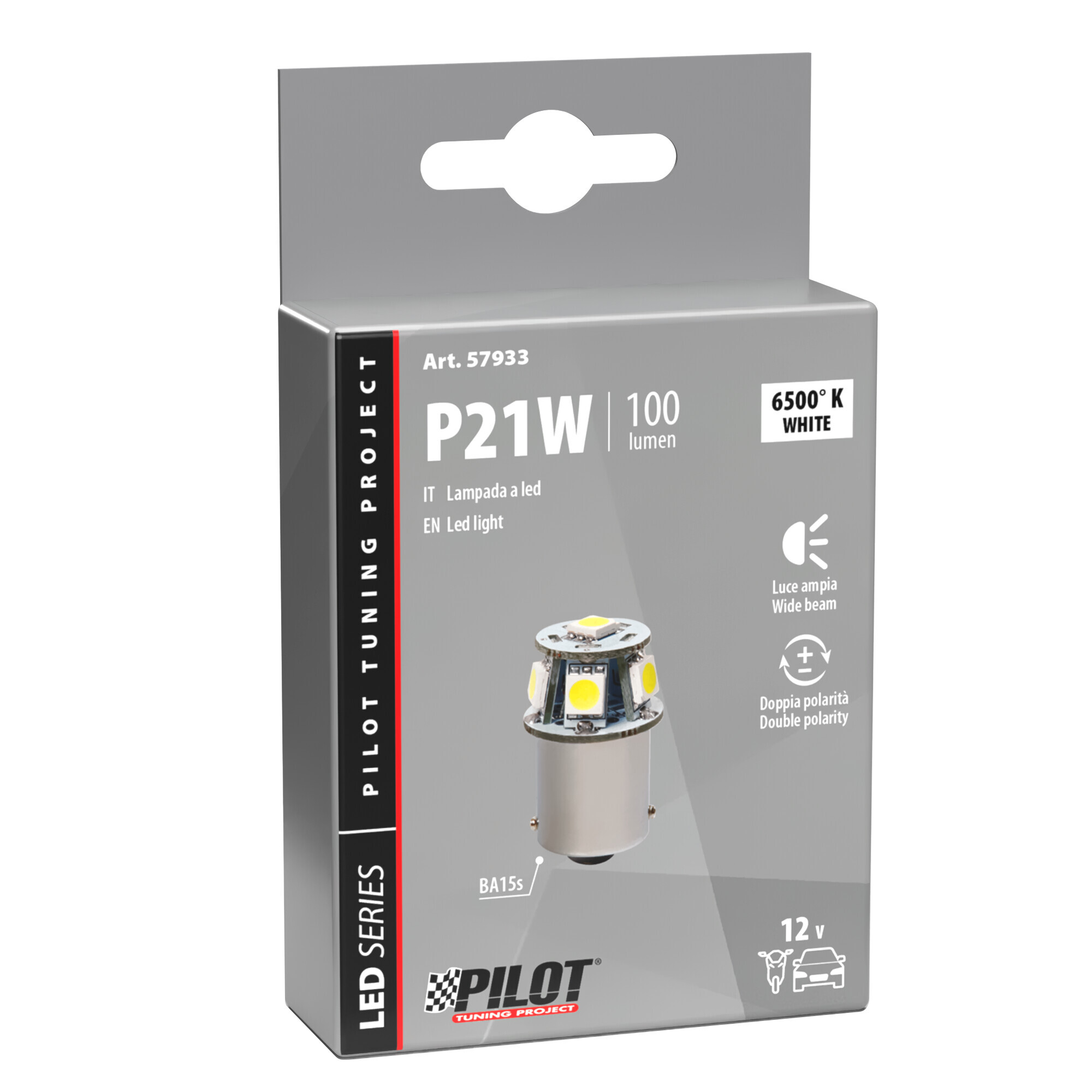 12V Led Series - 6 SMD x 3 chips - (P21W) - BA15s - 1 pz - Scatola - Bianco - Doppia polarità - immagine 2