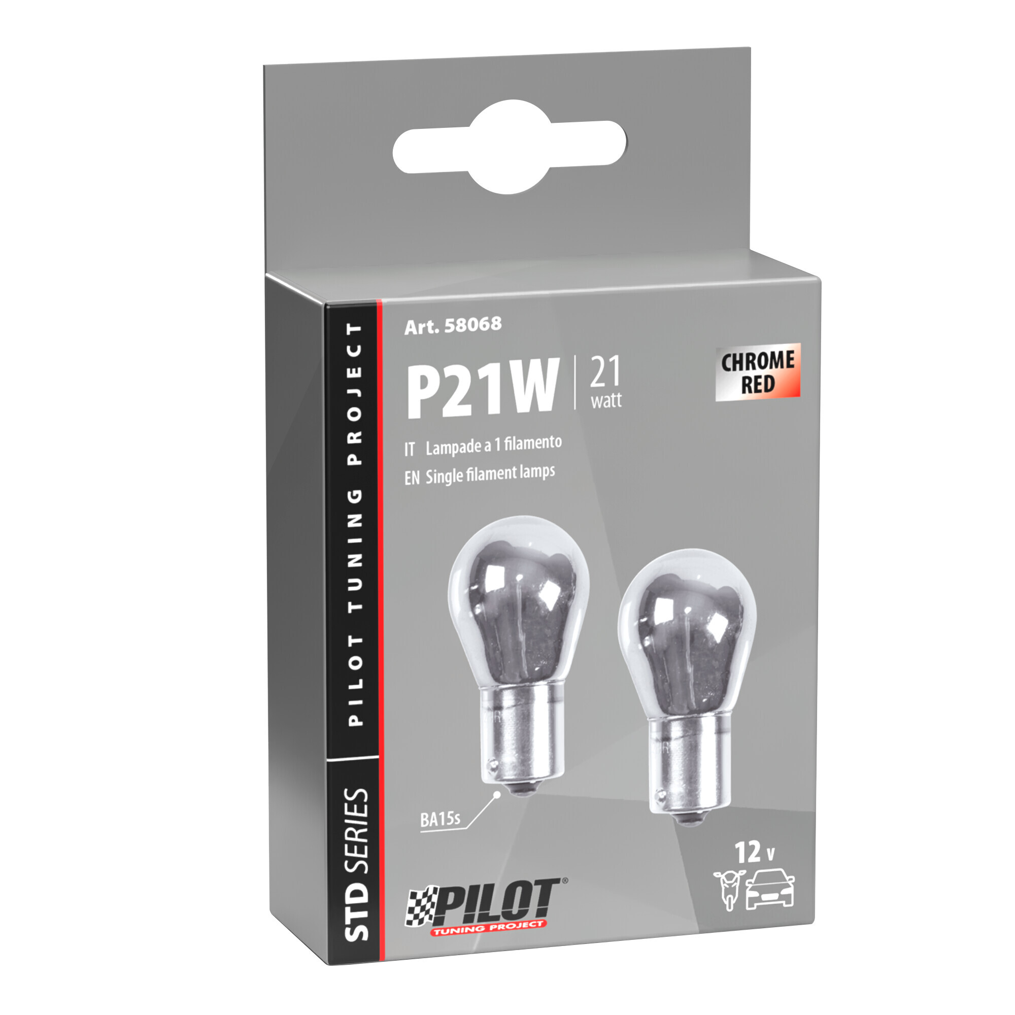 12V Lampada 1 filamento - (P21W) - 21W - BA15s - 2 pz - Scatola - Cromo/Rosso - immagine 2