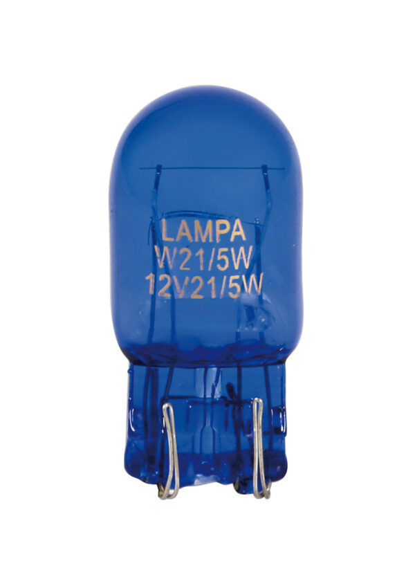 12V Blue Dyed Glass, Lampada con zoccolo vetro 2 filamenti - (W21/5W) - 21/5W - W3x16q - 2 pz - Scatola