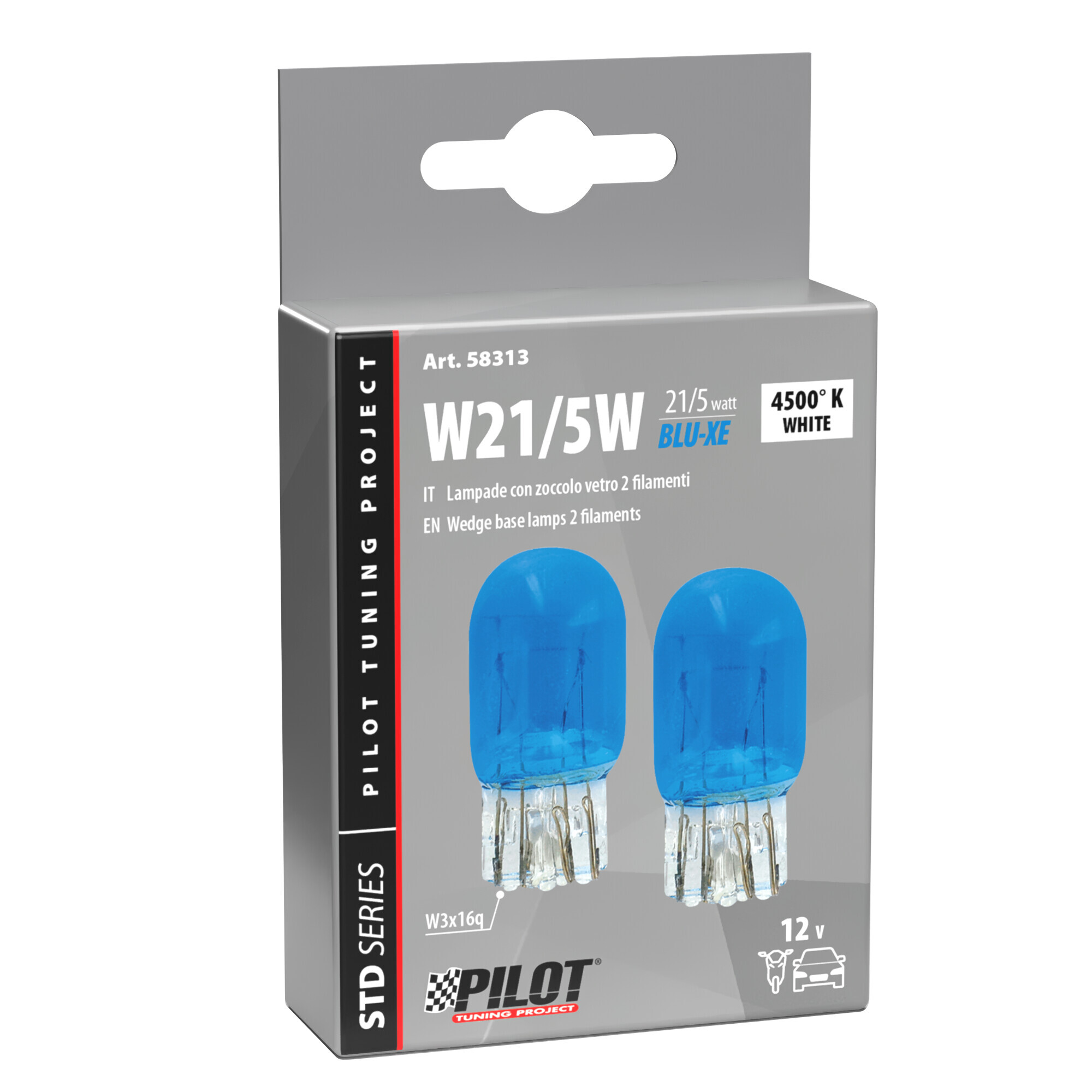 12V Lampada con zoccolo vetro Blu-Xe 2 filamenti - (W21/5W) - 21/5W - W3x16q - 2 pz - Scatola - immagine 2