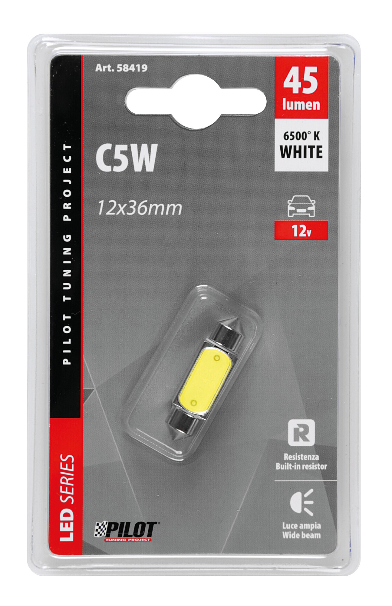 12V Led Series - 2 super chips + 3 chips - (C5W) - 12x36 mm - SV8,5-8 - 1 pz - D/Blister - Bianco - Resistenza incorporata - immagine 3