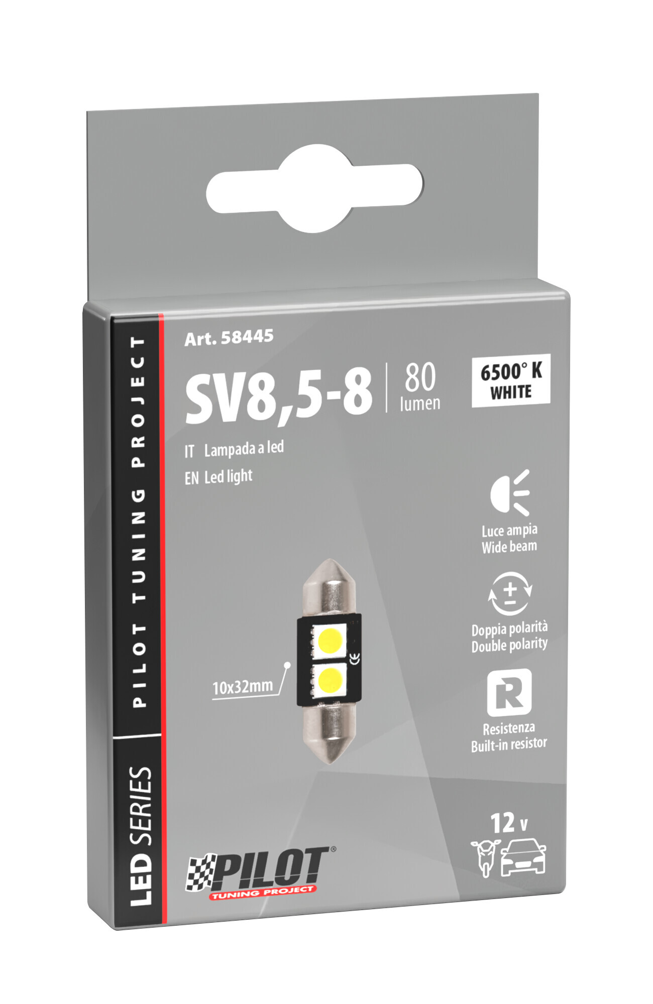 12V Led Series - 2 SMD x 3 chips - 10x32 mm - SV8,5-8 - 1 pz - Scatola - Bianco - Doppia polarità - Resistenza incorporata - immagine 2