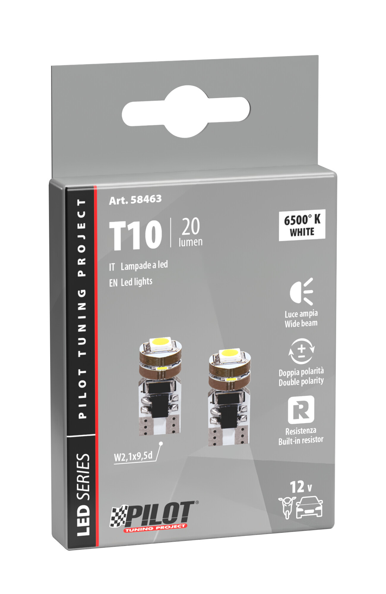 12V Hyper-Led 12 - 4 SMD x 3 chips - (T10) - Quadrifocus - W2,1x9,5d - 2 pz - Scatola - Bianco - Doppia polarità - Resistenza incorporata - immagine 2