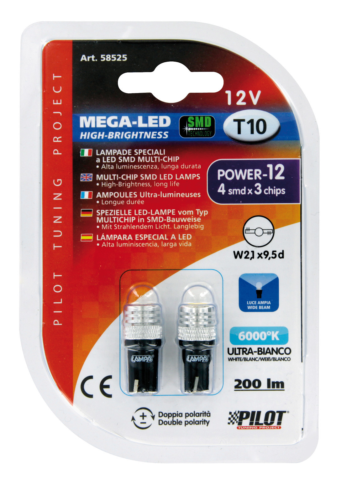12V Mega-Led 12 - 4 Smd x 3 chips - (T10) - W2,1x9,5d - 2 pz - D/Blister - Bianco - Doppia polarità - immagine 2
