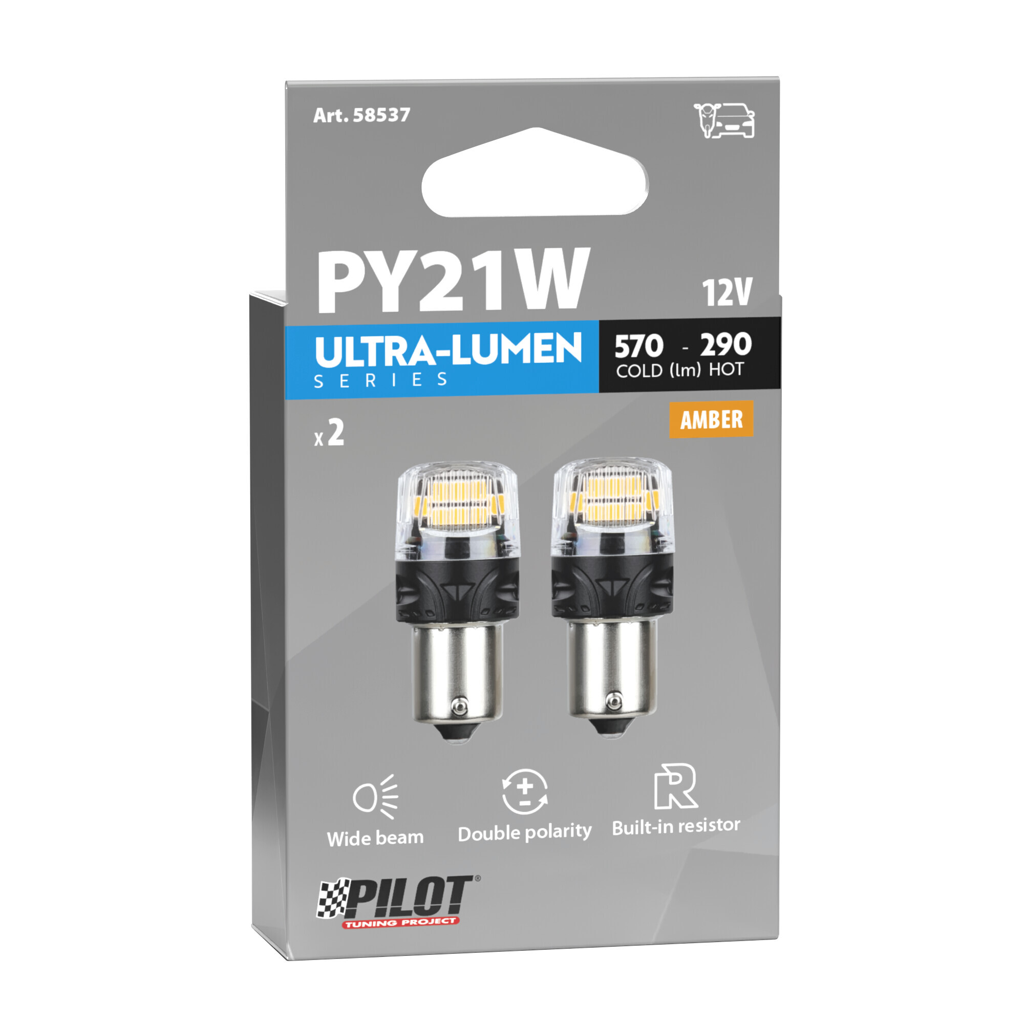 12V Ultra-Lumen Series - (PY21W) - BAU15s - 2 pz - Scatola - Arancio - Doppia polarità - Resistenza incorporata - immagine 2