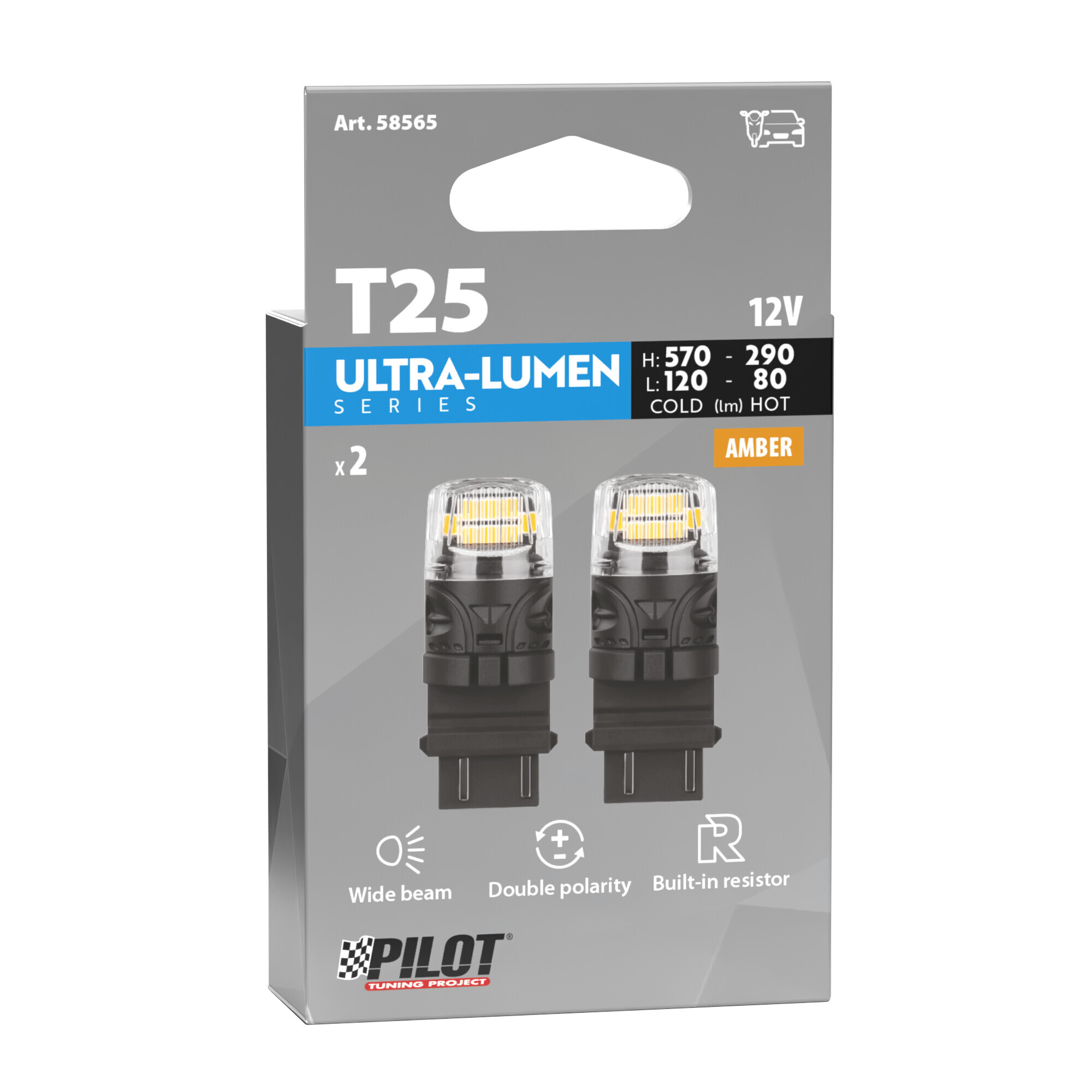 12V Ultra-Lumen Series - (PY27/7W) - W2,5x16q - 2 pz - Scatola - Arancio - Doppia polarità - Resistenza incorporata - immagine 2
