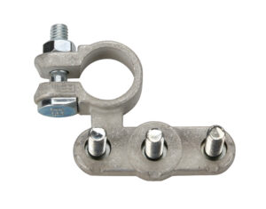 Morsetto batteria zincato; fissaggio cavo a capocorda su vite - foro capocorda Ø 6/6/6 mm - Polo positivo