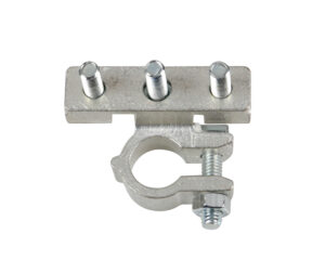 Morsetto batteria zincato; fissaggio cavo a capocorda su vite - foro capocorda Ø 6/6/6 mm - Polo negativo